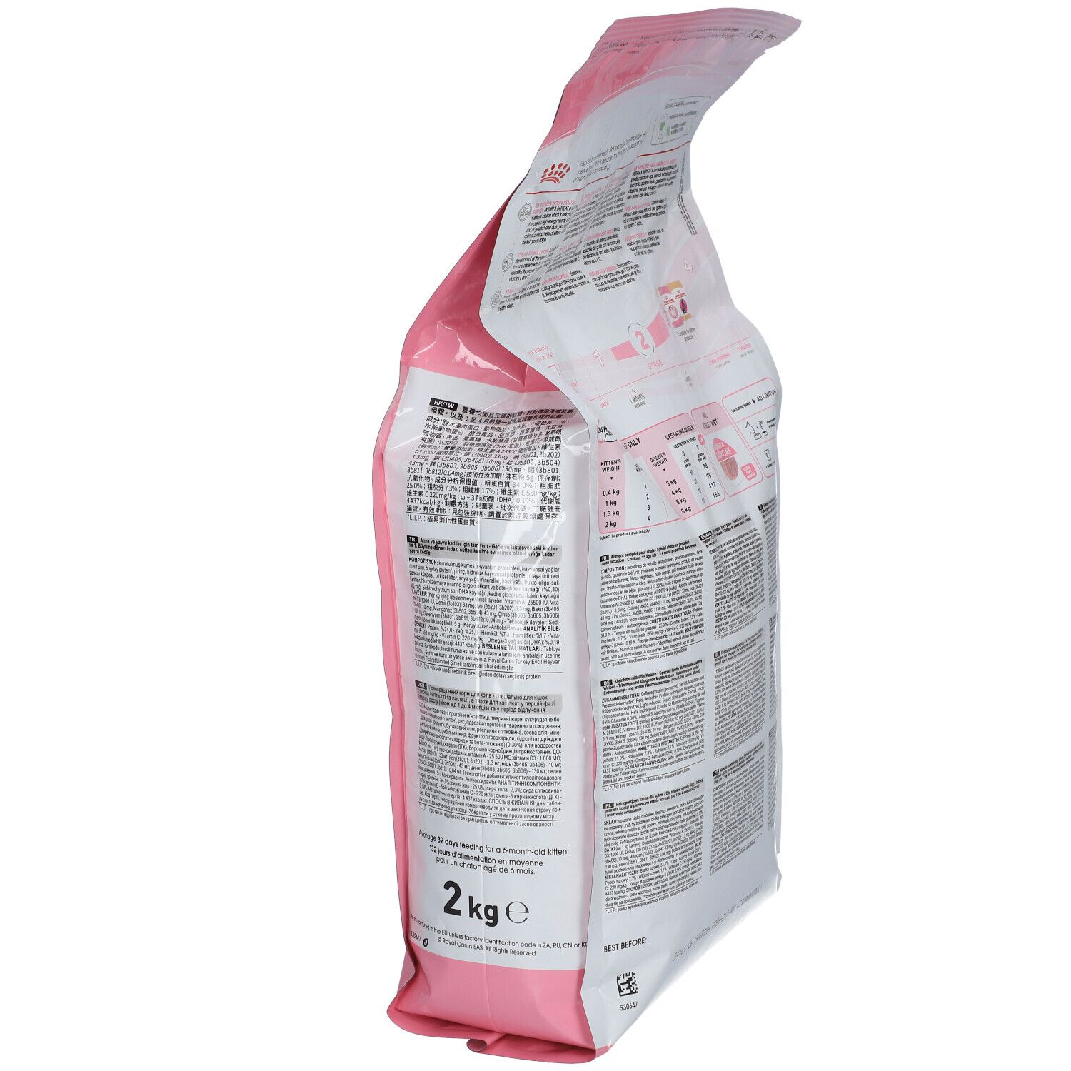 Vue latérale de l'emballage rose ROYAL CANIN Mother & Babycat. Texte multilingue. 2 kg.