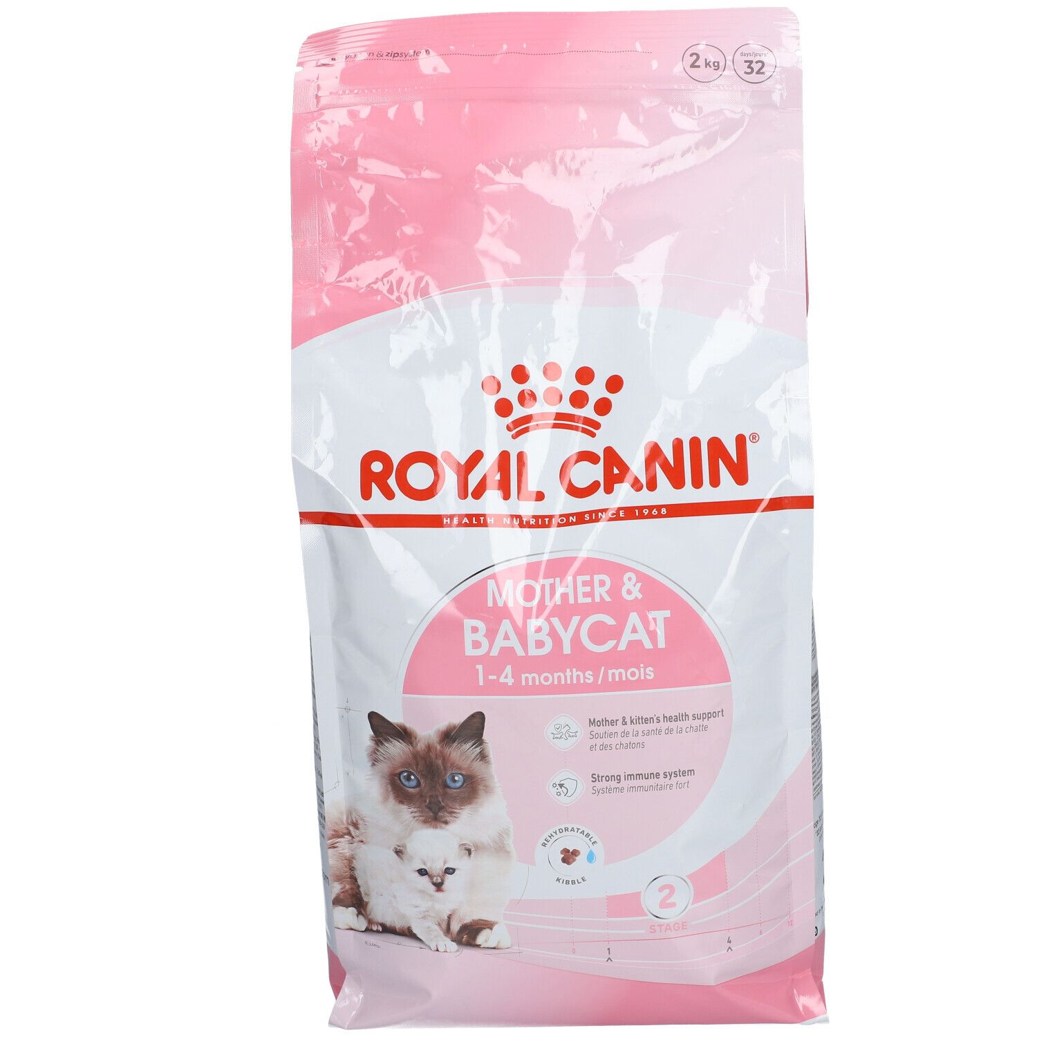 Emballage rose ROYAL CANIN Mother & Babycat. Logo et nom du produit. Image chat et chaton. 2 kg.