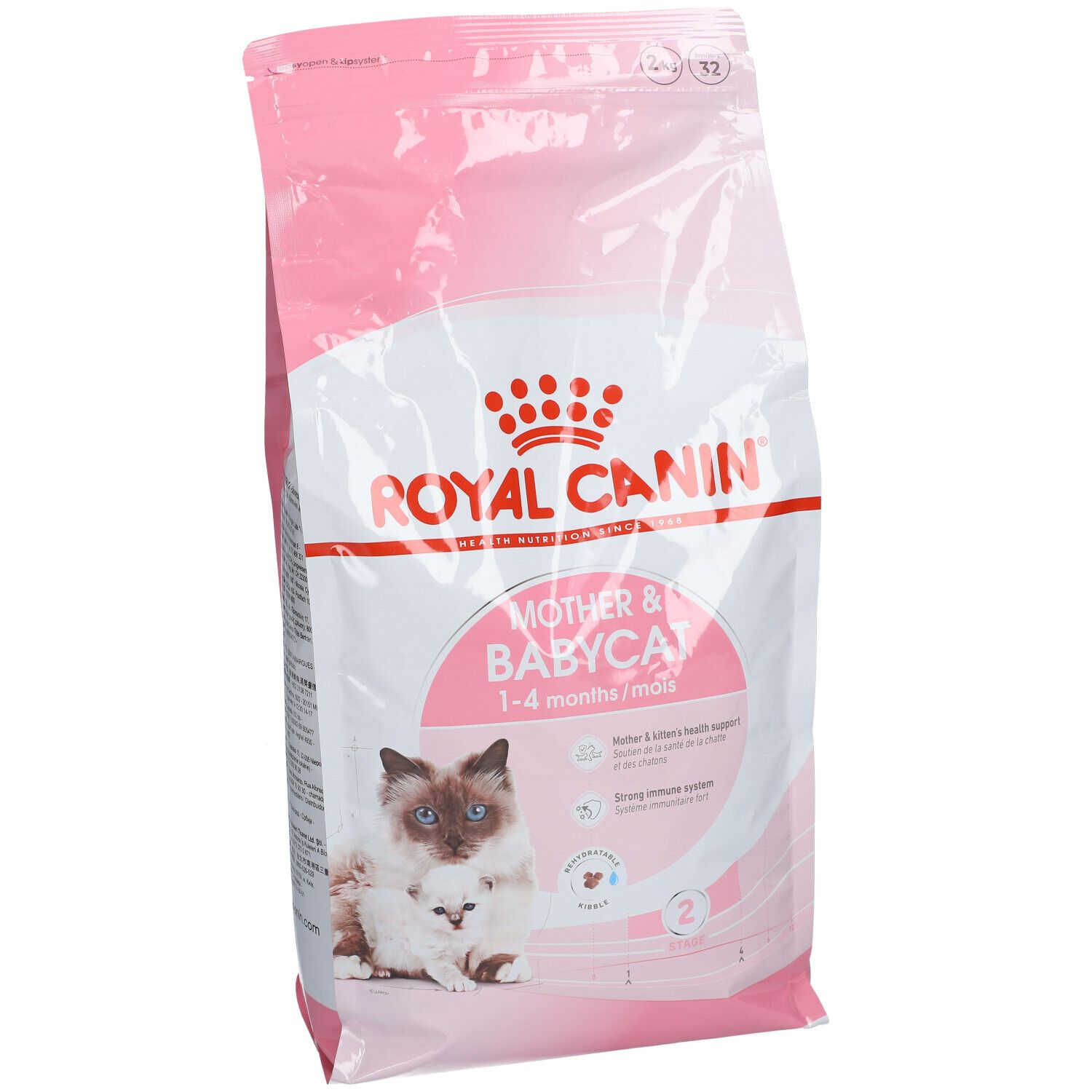 Emballage rose ROYAL CANIN Mother & Babycat. Logo et nom du produit. Image chat et chaton. 2 kg.