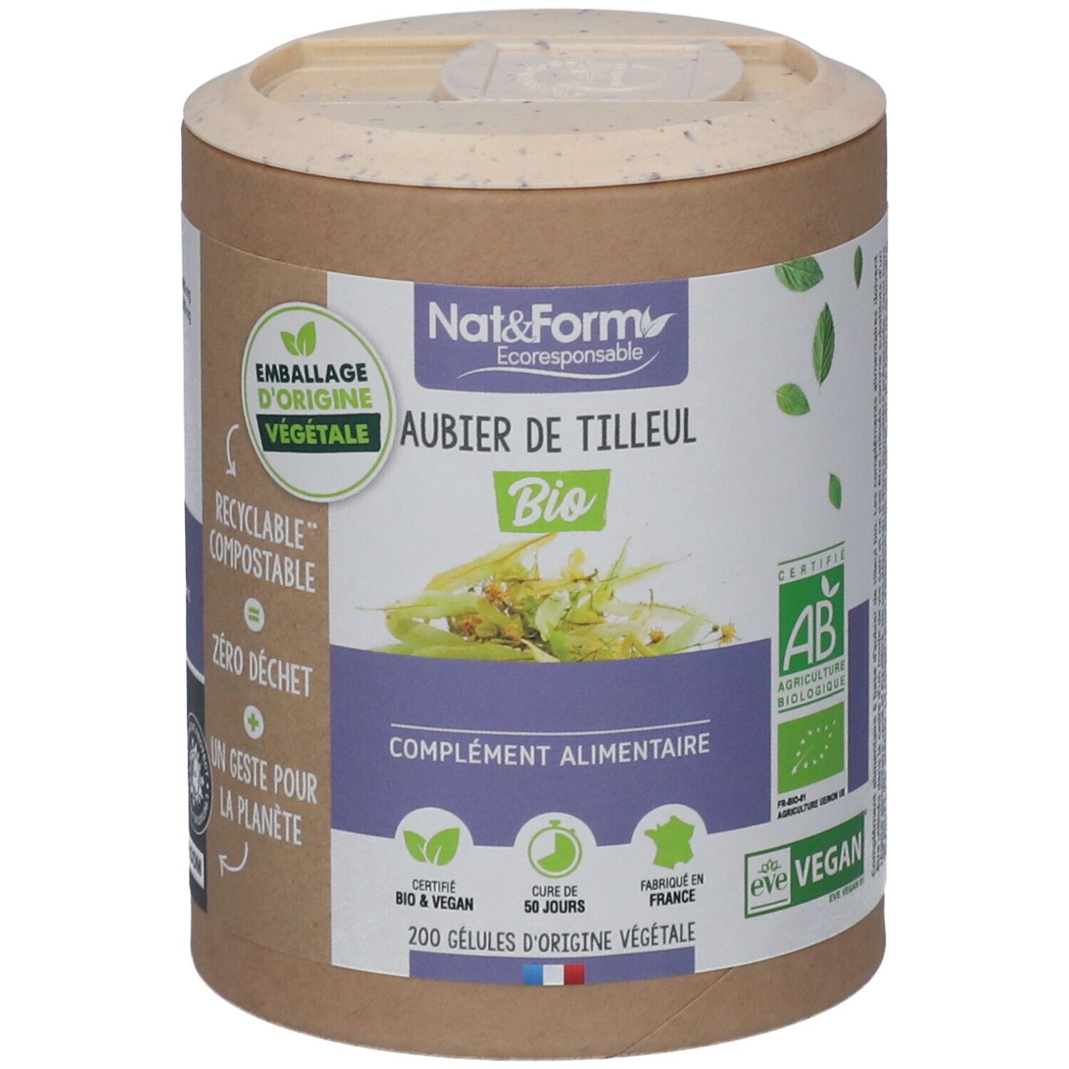 Boîte cylindrique avec couvercle. Inscription: Aubier de Tilleul Bio, complément alimentaire. Certifications: AB, Vegan.