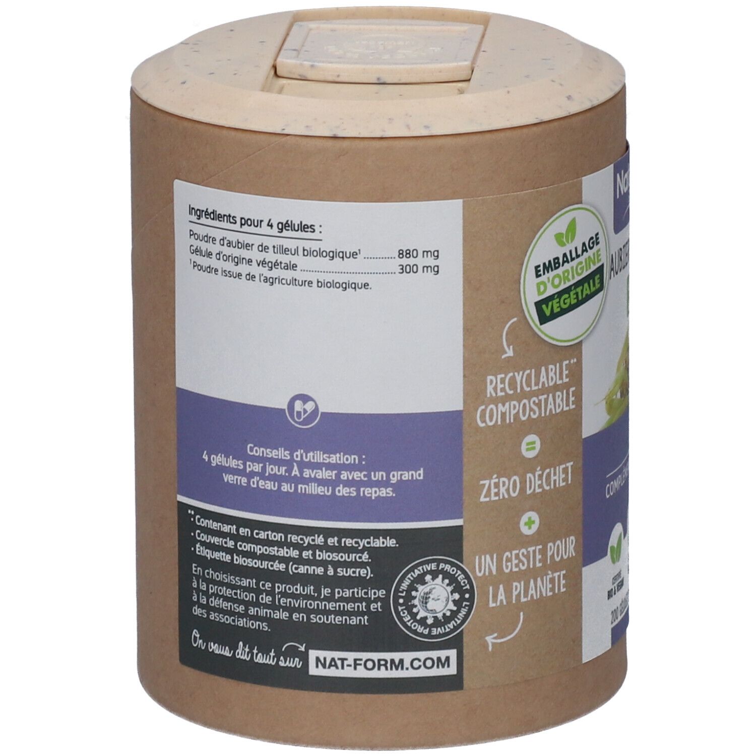 Dos de la boîte. Liste des ingrédients, mode d'emploi. Inscription: Emballage d'origine végétale, Recyclable, Compostable, Zéro déchet.
