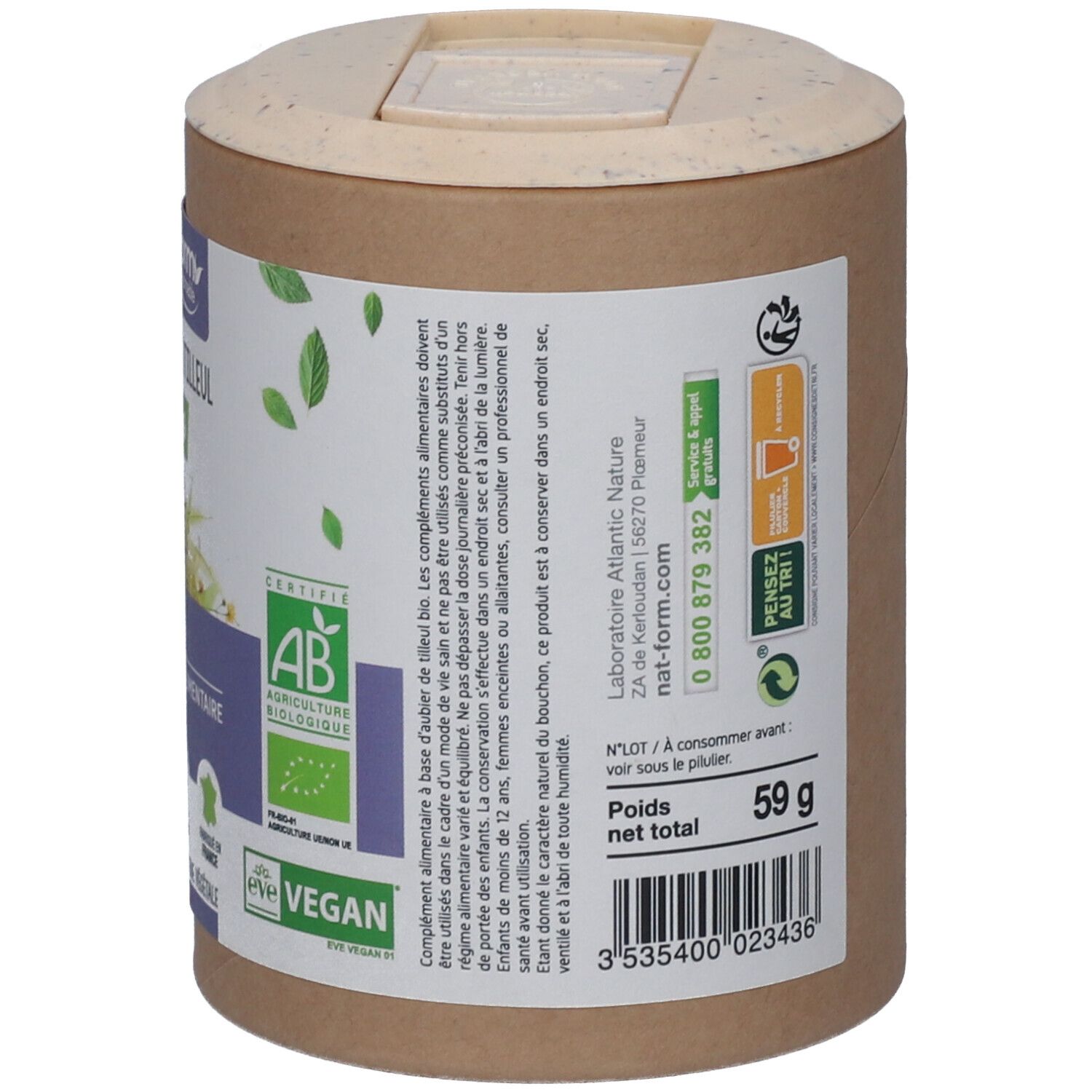 Dos de la boîte. Inscription: 59 g, informations d'utilisation. Certifications: AB, Vegan.