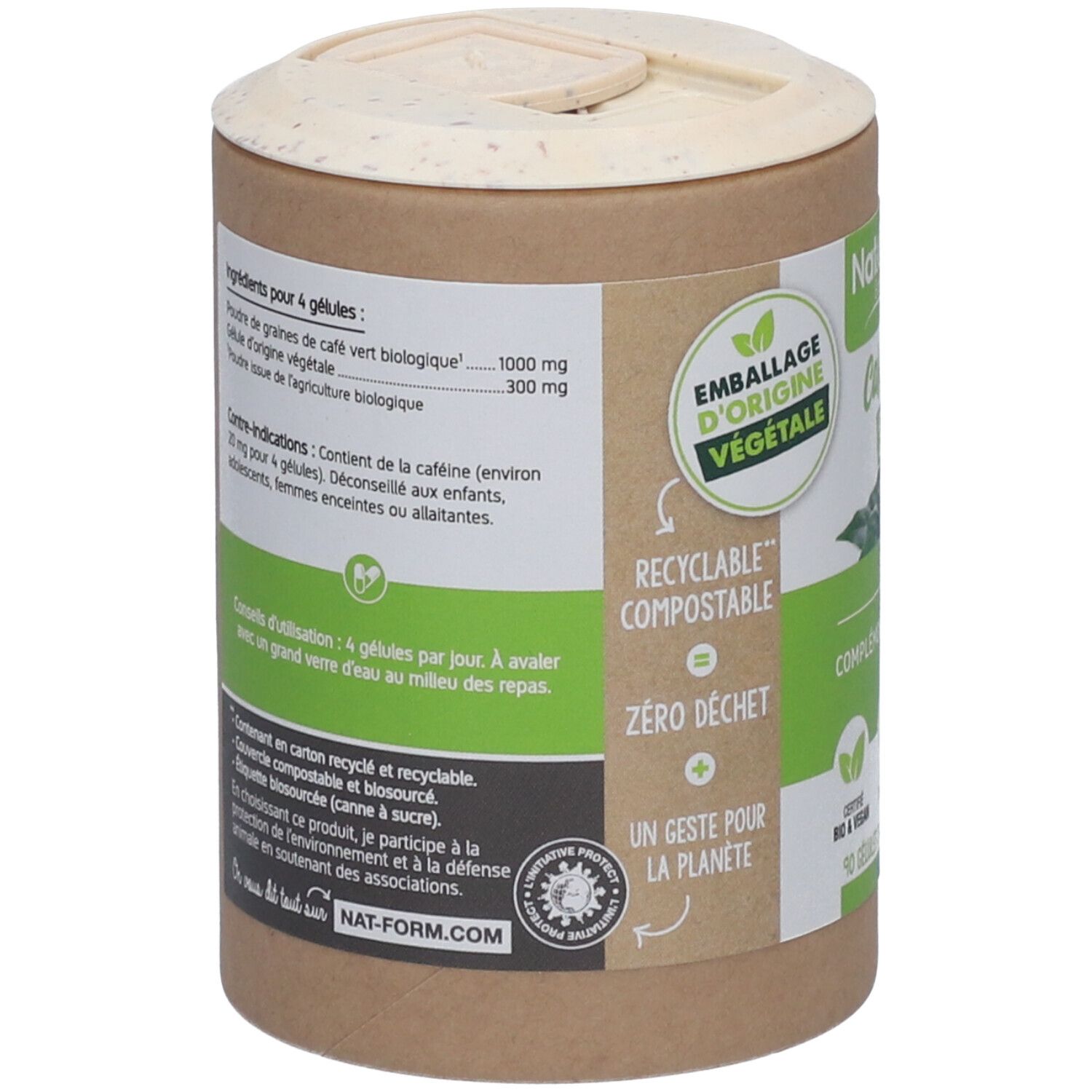 Dos du pot. Texte: ingrédients, mode d'emploi. Logos: Recyclable, Zero Déchet, Vegan. Logo Nat-Form.