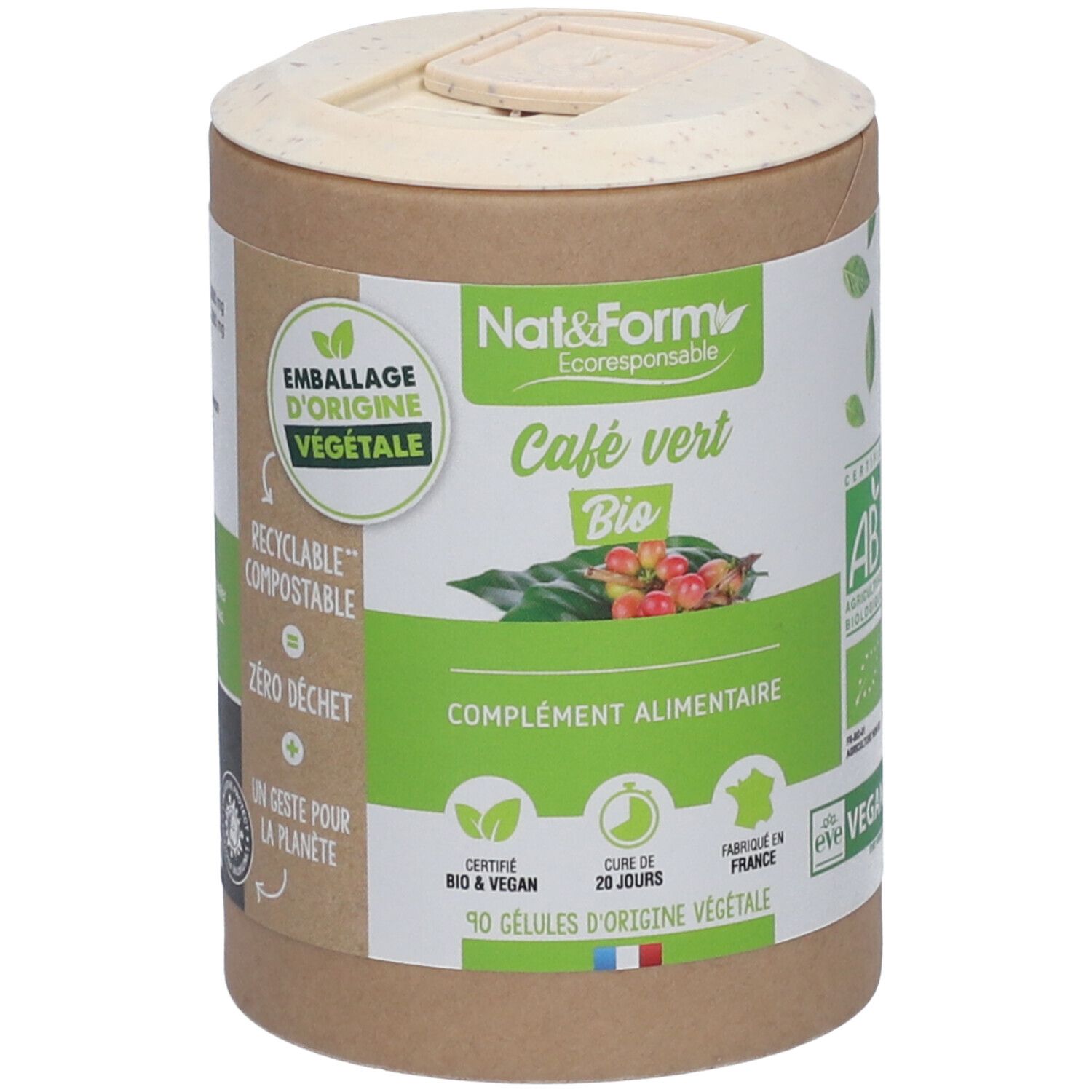 Boîte cylindrique avec couvercle. Inscription: Nat&Form Café vert Bio, complément alimentaire. Certifications: Bio, Vegan. 90 gélules.