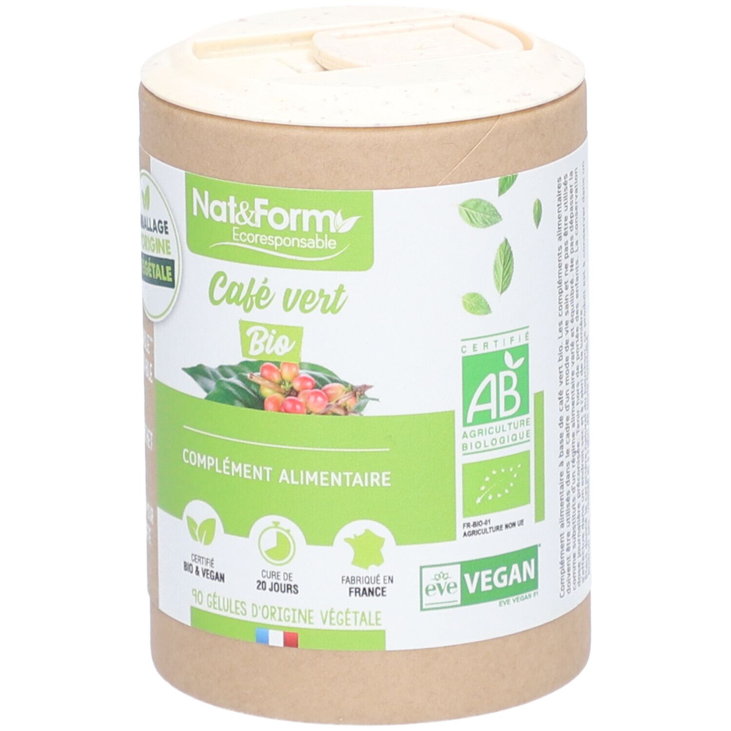 Boîte cylindrique avec couvercle. Inscription: Nat&Form Café vert Bio, complément alimentaire. Certifications: Bio, Vegan. 90 gélules.