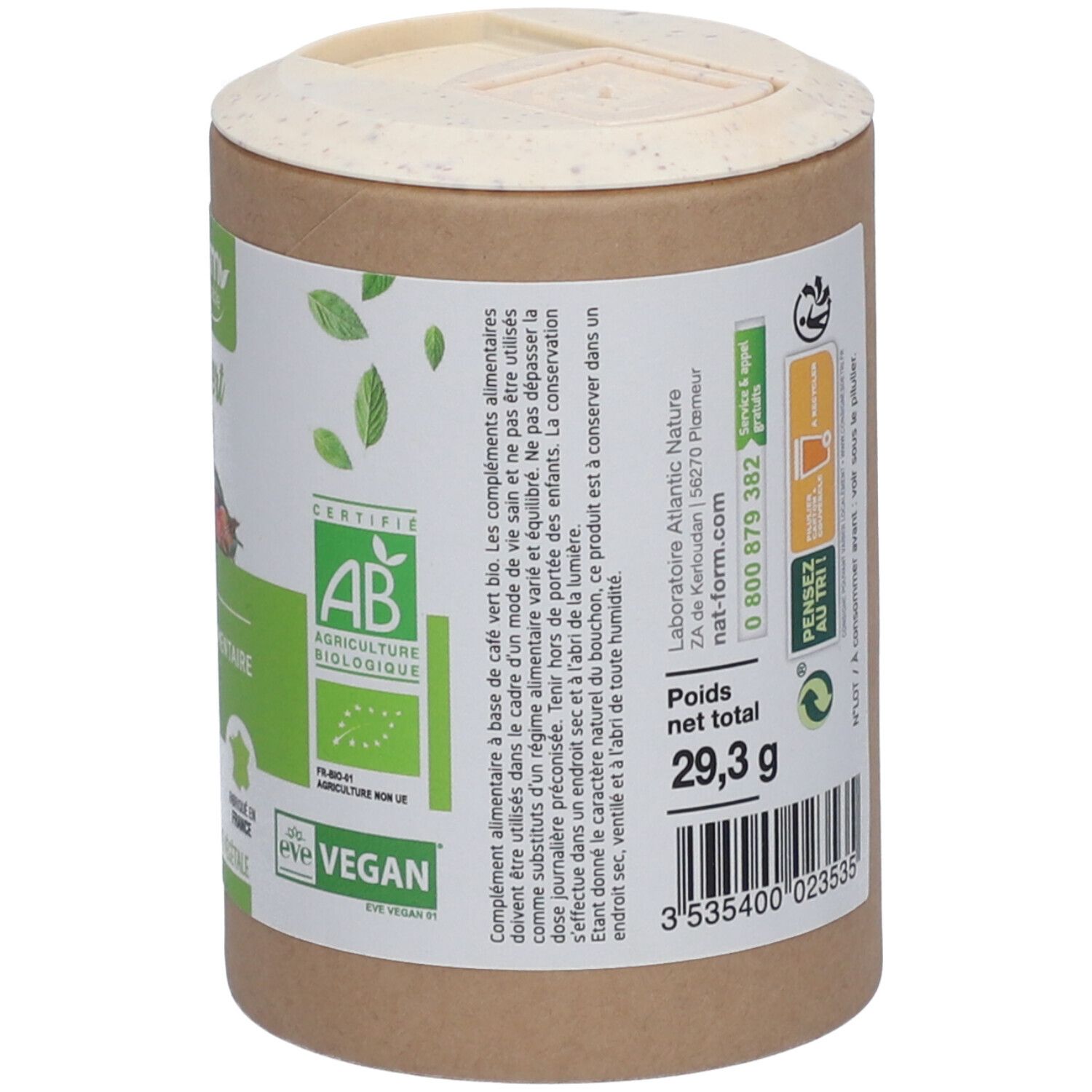 Dos du pot. Inscription: Poids net 29,3 g. Logos: Bio, Vegan. Texte: ingrédients, mode d'emploi, informations fabricant.