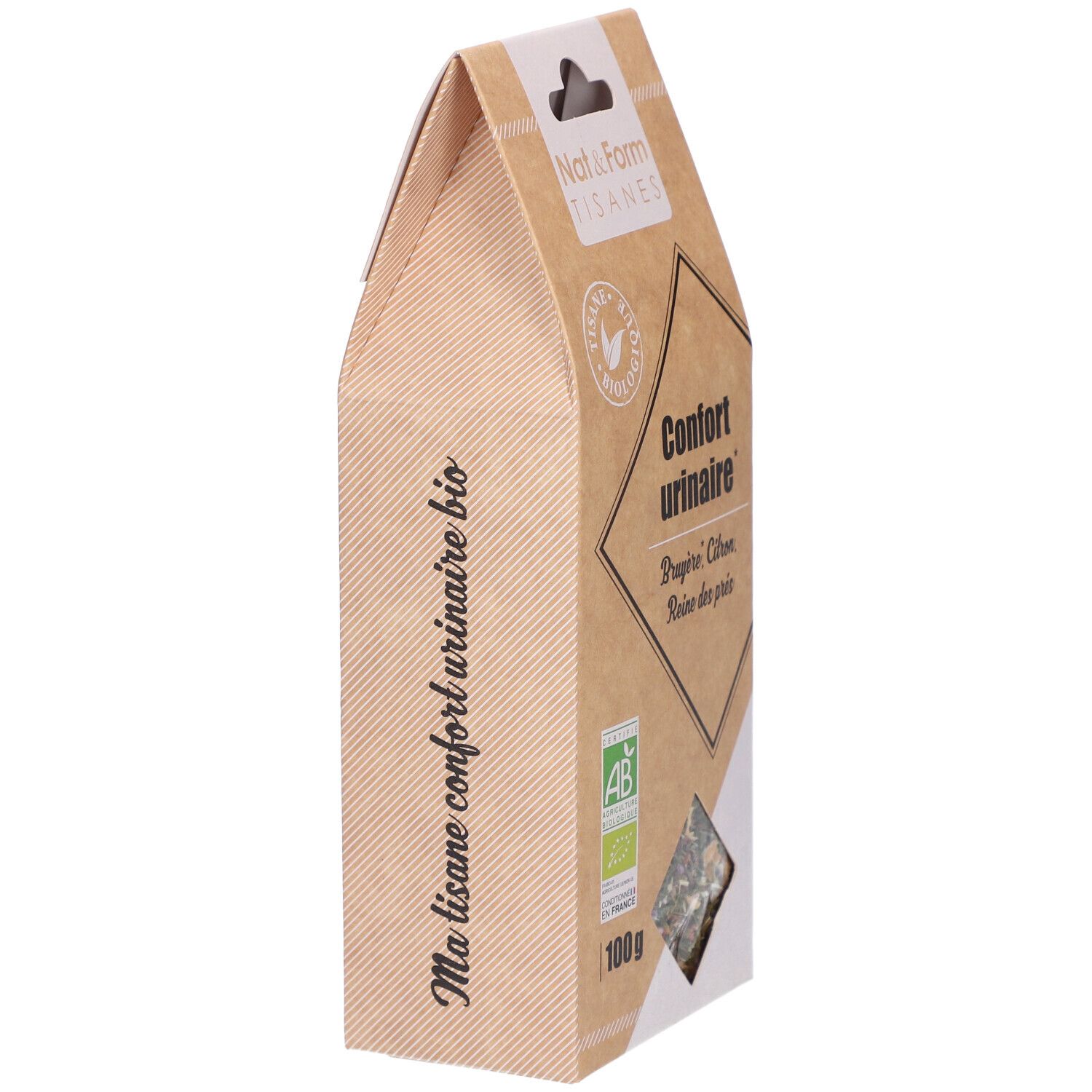 Paquet marron en biais. Nom du produit et logo visibles. Label AB bio. Fenêtre avec herbes.