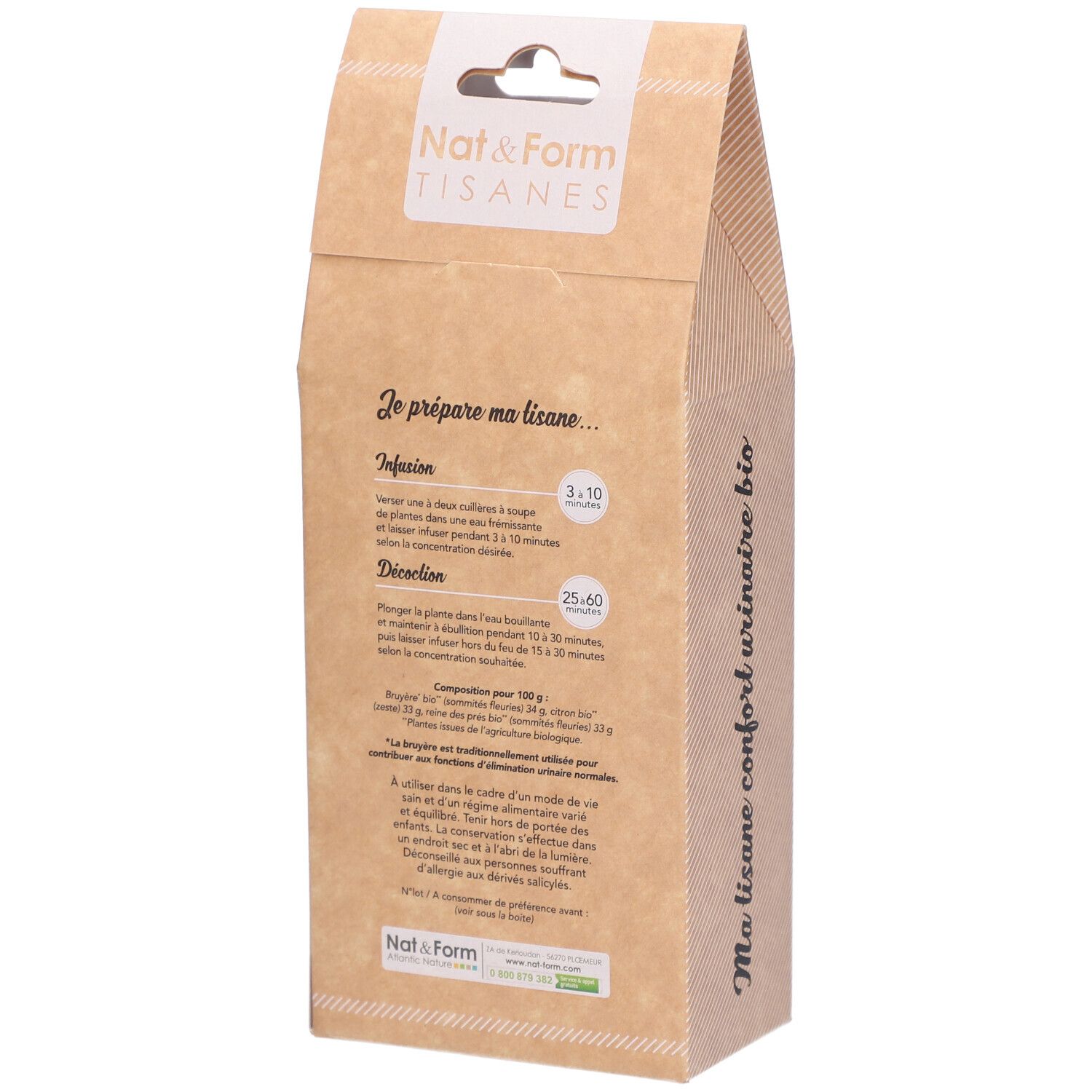 Dos du paquet avec texte et instructions. Nom du produit et logo. Label AB bio. Informations.