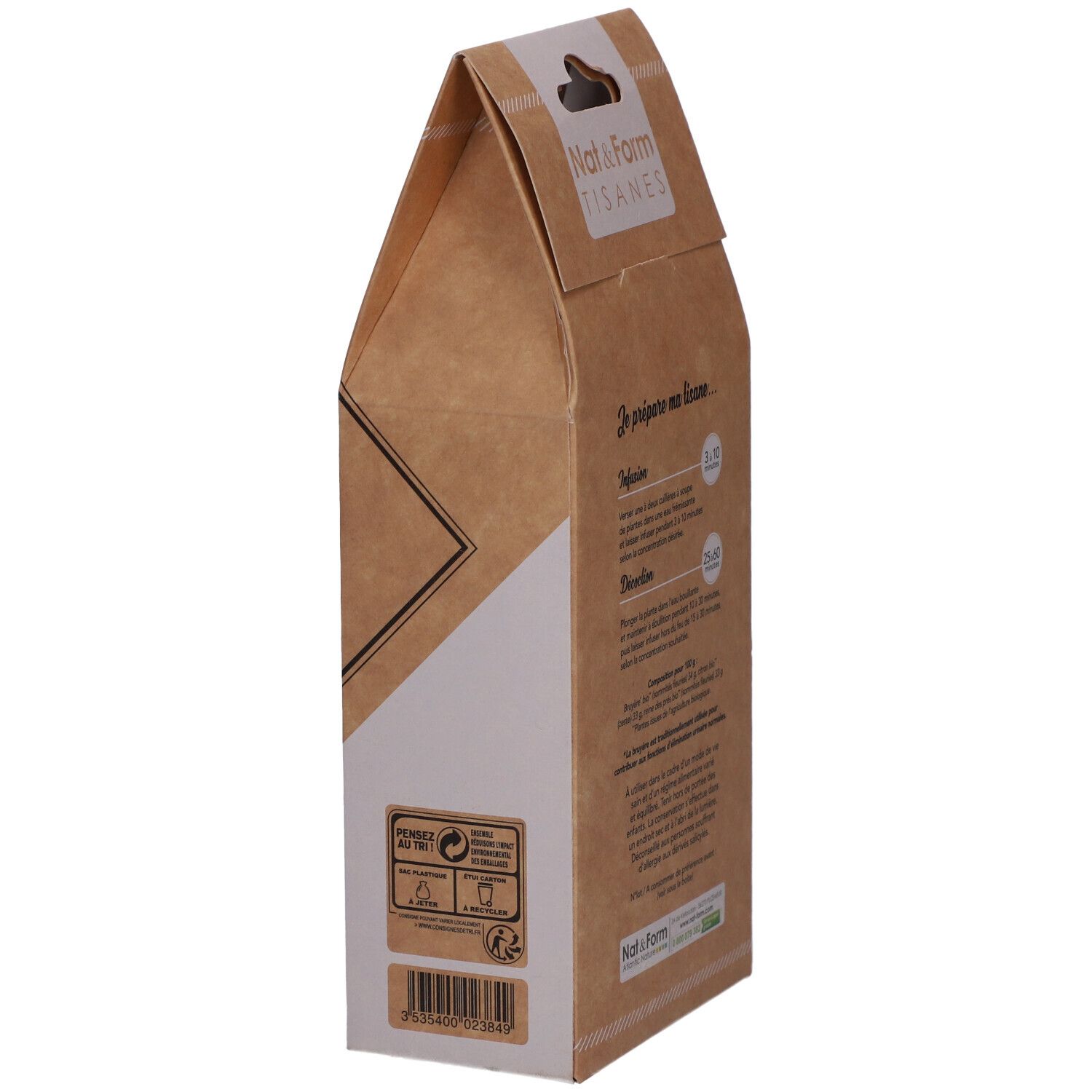 Paquet en biais. Dos avec texte et logos. Nom du produit et logo. Symboles de recyclage.