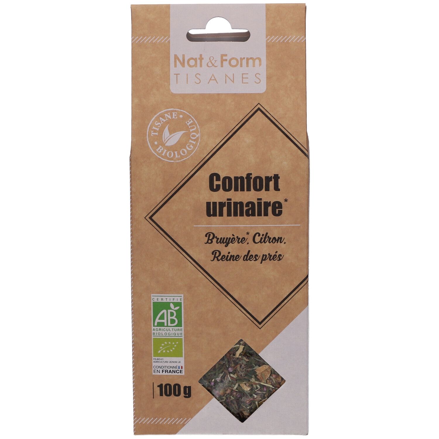 Paquet marron avec nom du produit et logo. Fenêtre avec herbes. Label AB bio. 100g.