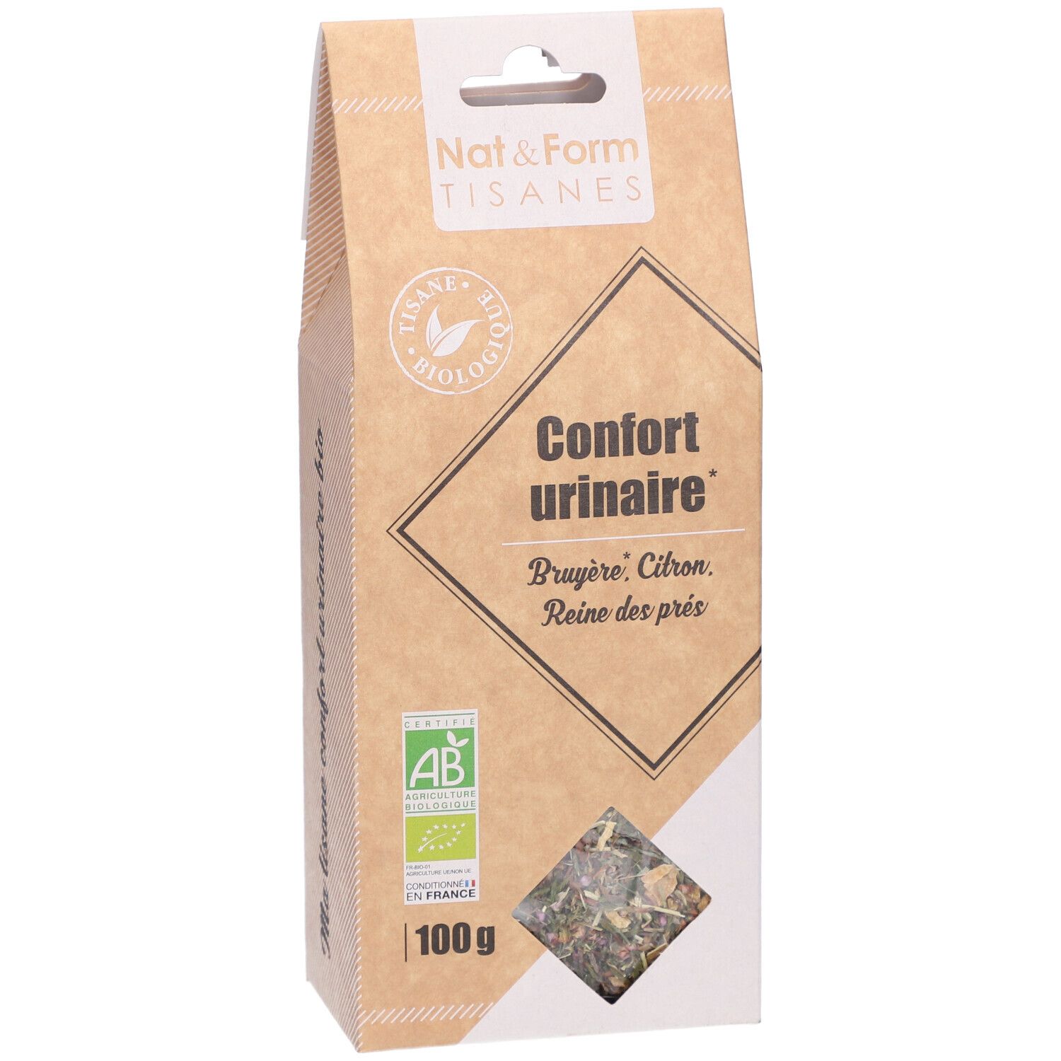 Paquet marron avec nom du produit et logo. Fenêtre avec herbes. Label AB bio. 100g.