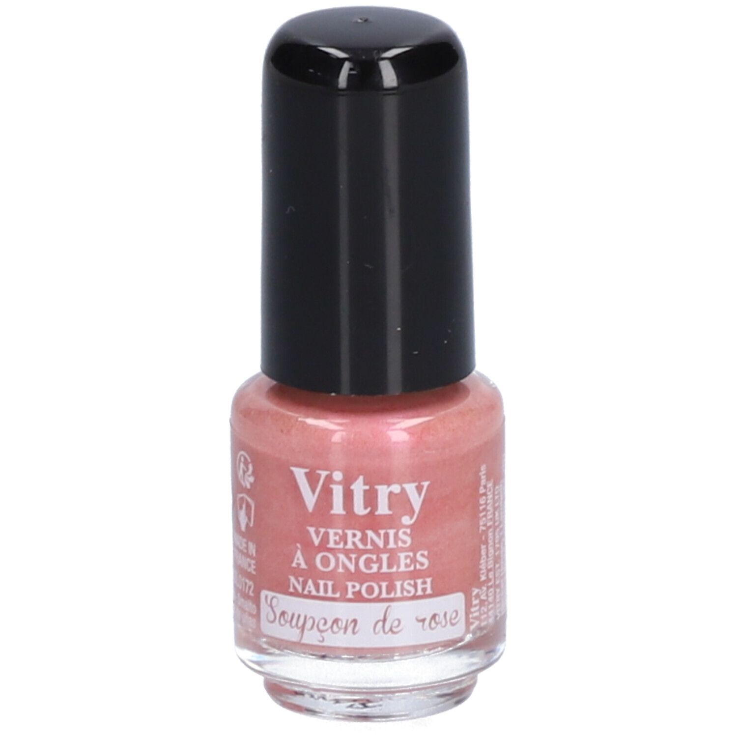 Flacon de vernis à ongles avec bouchon noir. Contenu rose. Inscription : Vitry, Vernis à Ongles, Nail Polish, Soupçon de rose.