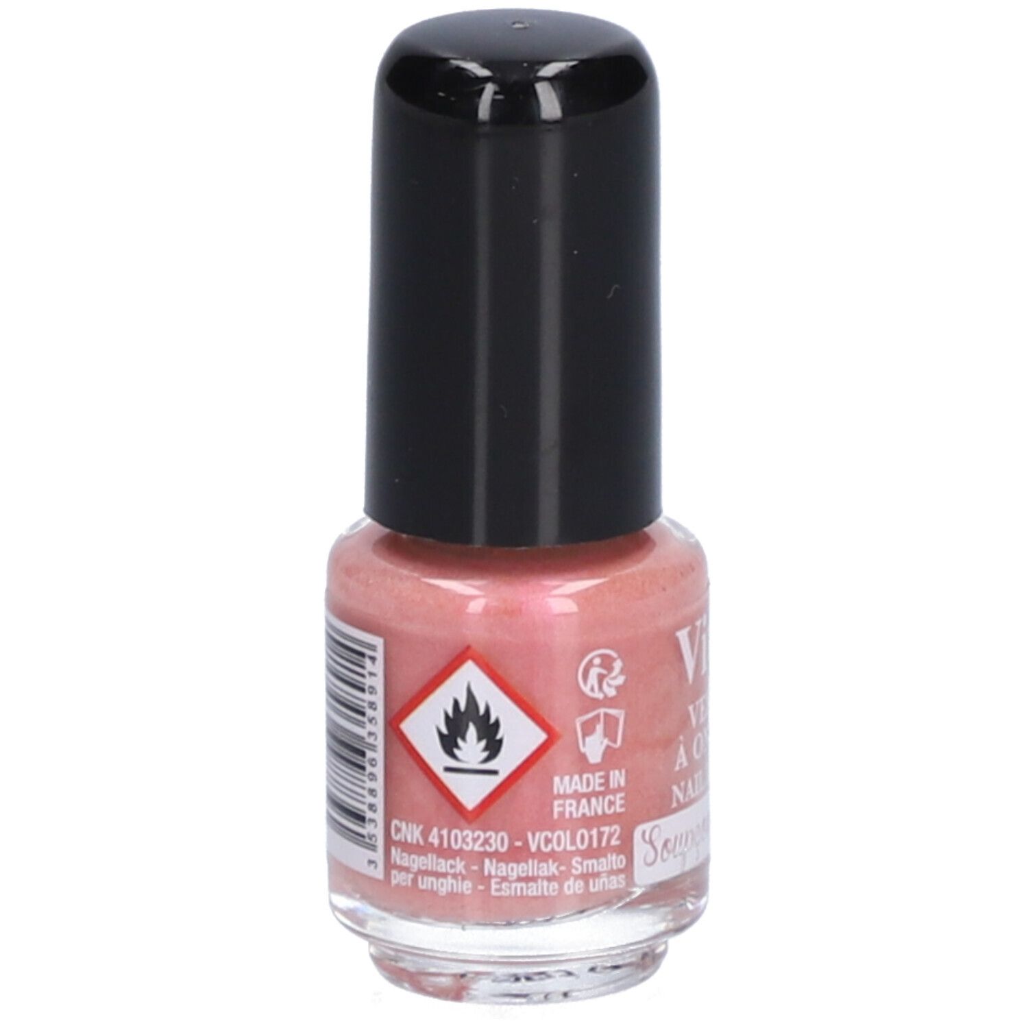 Flacon de vernis à ongles avec bouchon noir. Contenu rose. Autocollant avec symbole d'avertissement et code-barres. Texte : CHK 4103230 - VCOL0172.