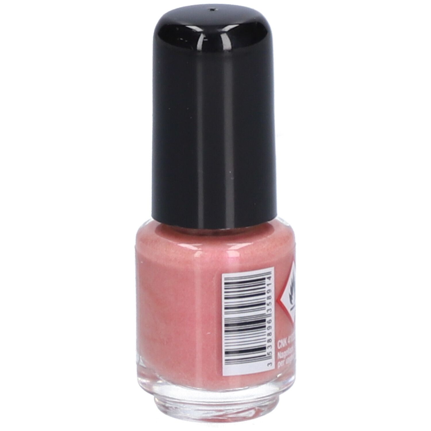 Flacon de vernis à ongles avec bouchon noir. Contenu rose. Autocollant code-barres et symbole d'avertissement. Vue arrière.