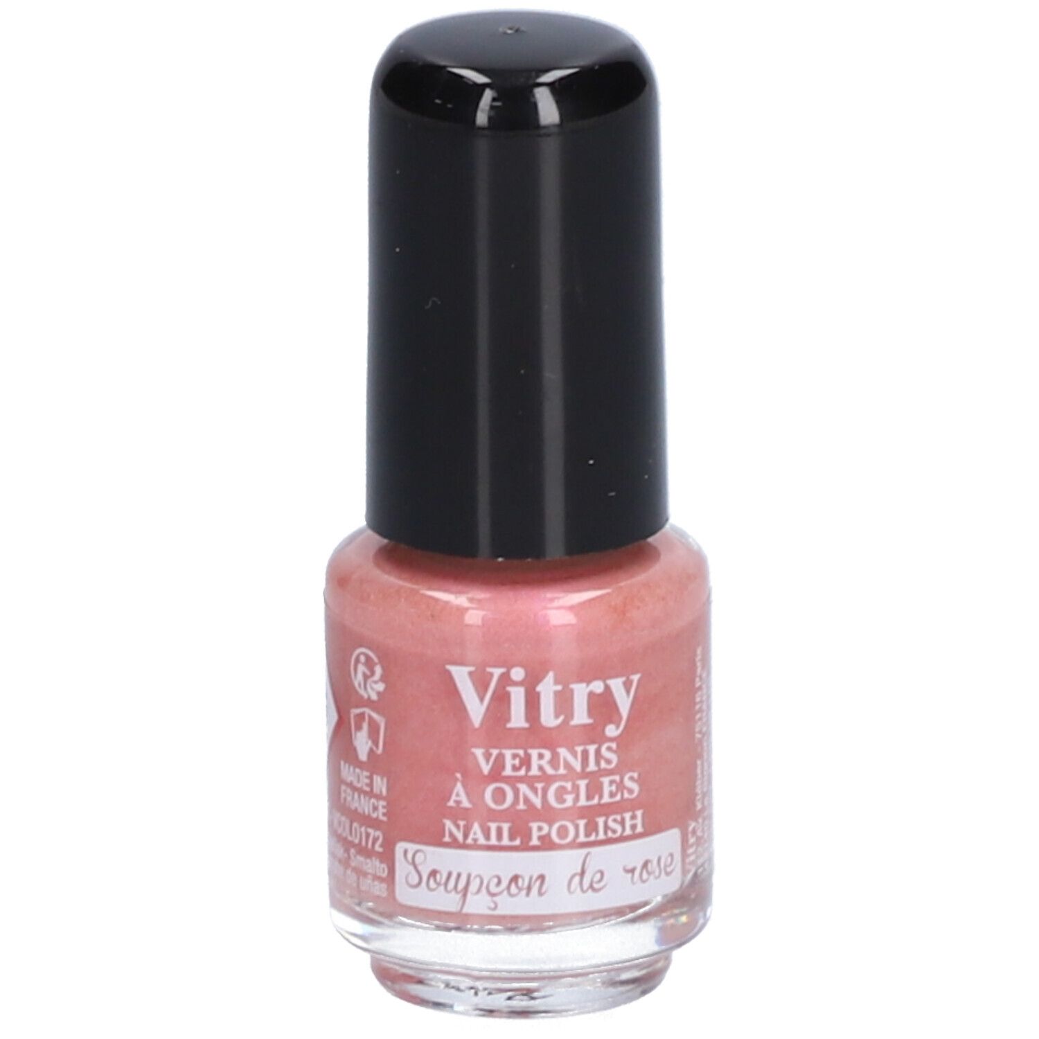 Flacon de vernis à ongles avec bouchon noir. Contenu rose. Inscription : Vitry, Vernis à Ongles, Nail Polish, Soupçon de rose. Vue arrière.