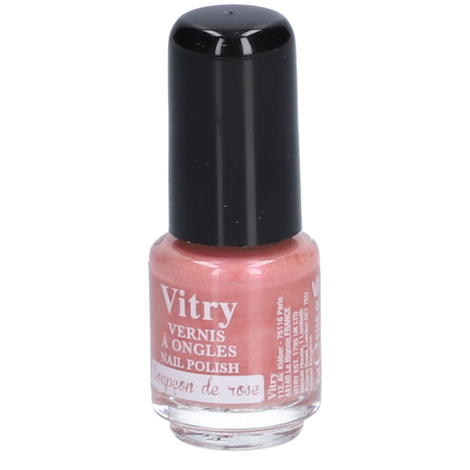 Flacon de vernis à ongles avec bouchon noir. Contenu rose. Inscription : Vitry, Vernis à Ongles, Nail Polish, Soupçon de rose. Vue détaillée.