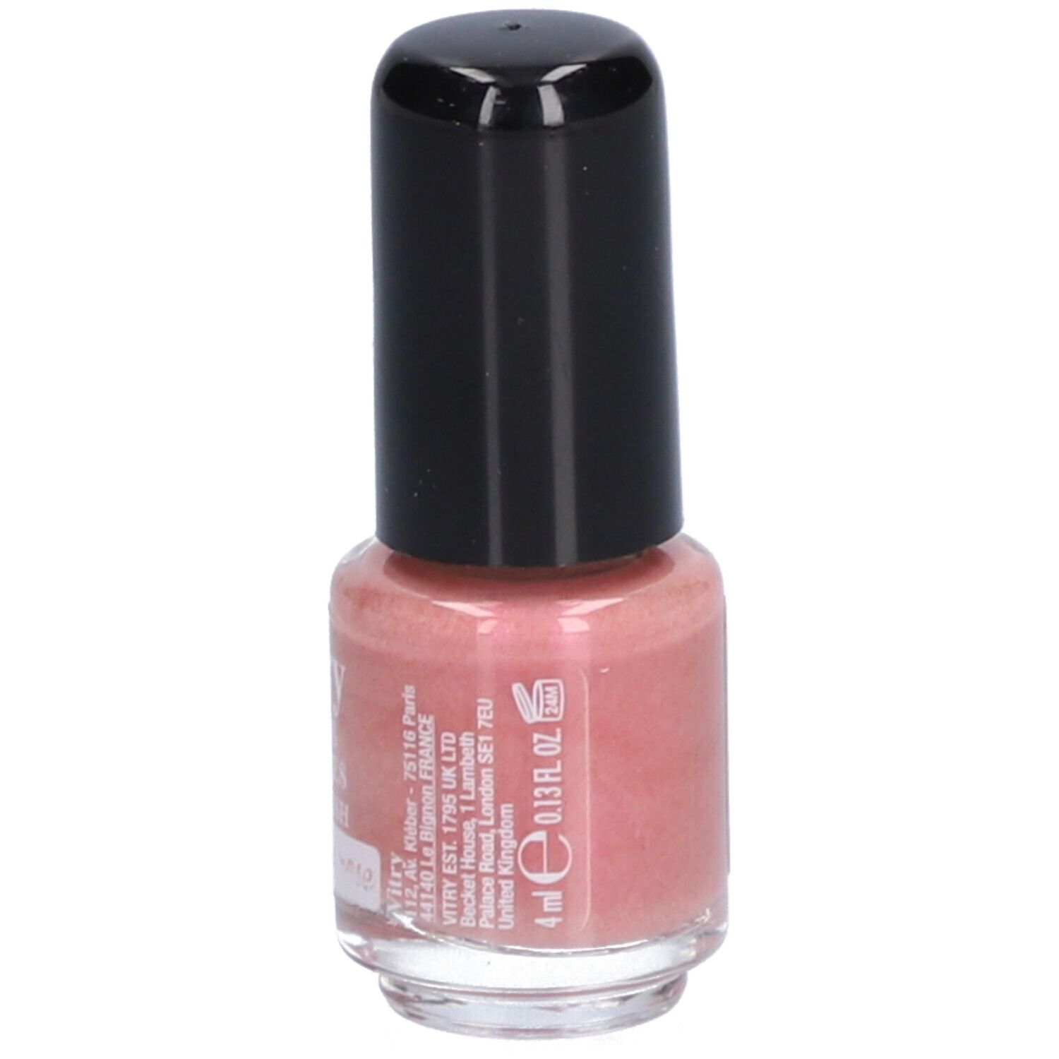 Flacon de vernis à ongles avec bouchon noir. Contenu rose. Inscription : 4 ml, 0,13 fl oz. Informations produit.