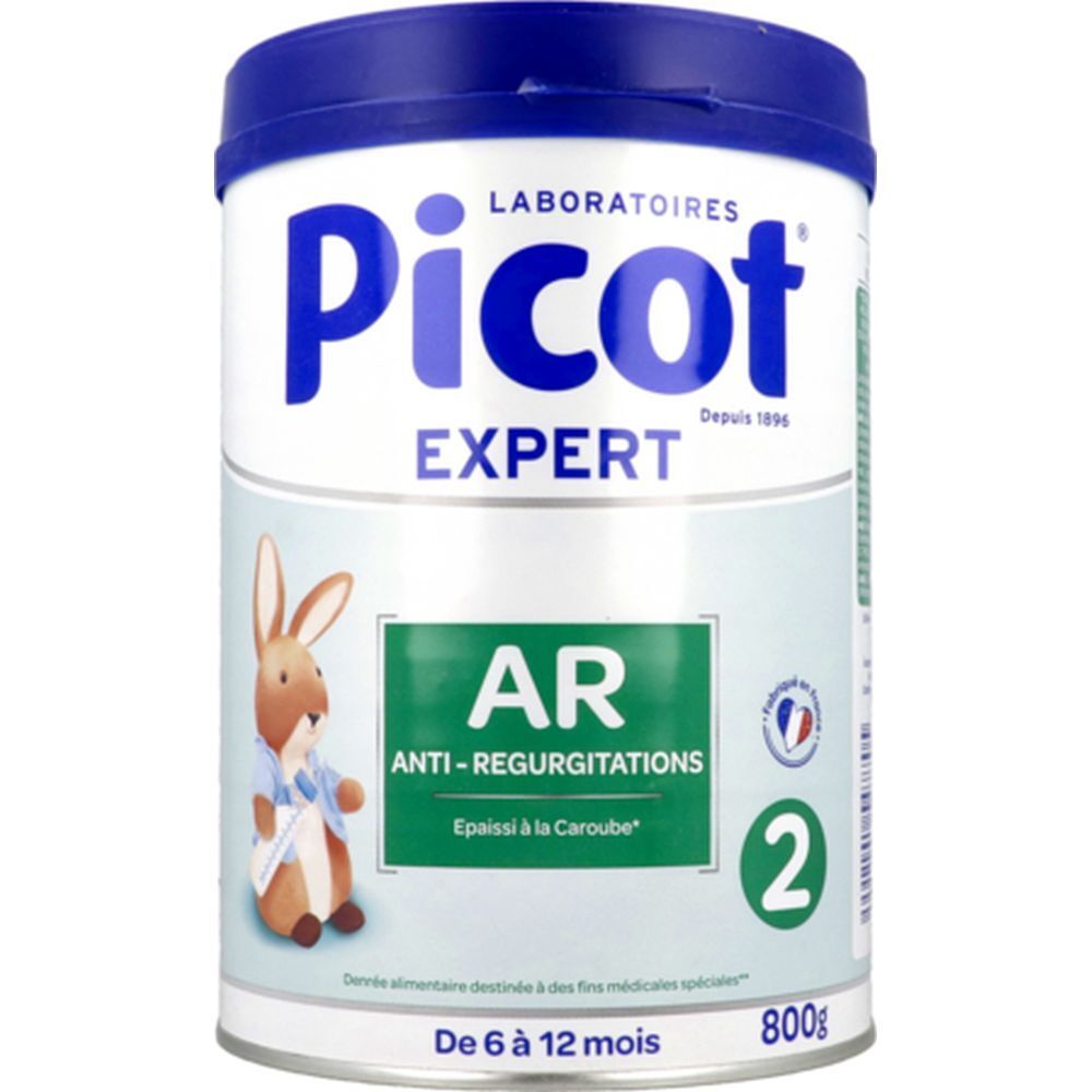 Boîte Picot Expert AR 2. Inscription: Anti-régurgitations, 800g, De 6 à 12 mois. Avec un dessin animé de lapin.