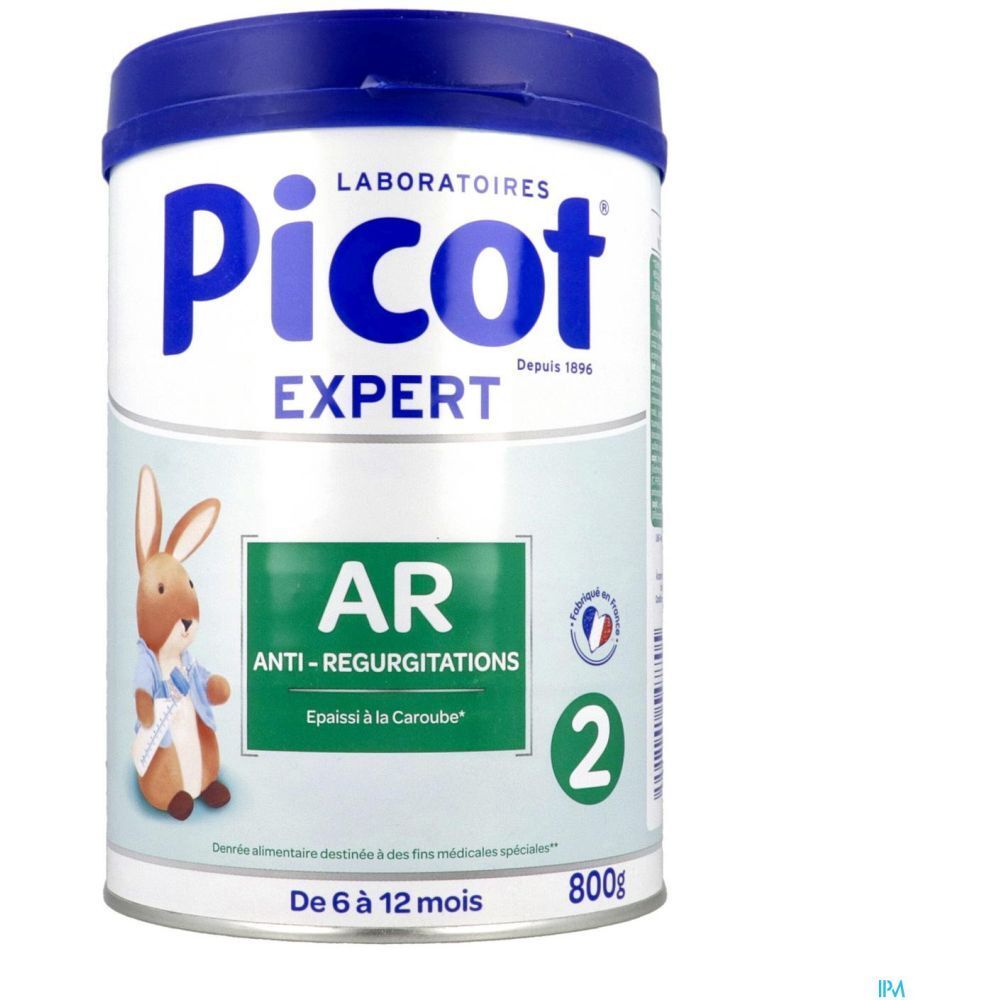 Boîte Picot Expert AR 2. Inscription: Anti-régurgitations, 800g, De 6 à 12 mois. Avec un dessin animé de lapin.
