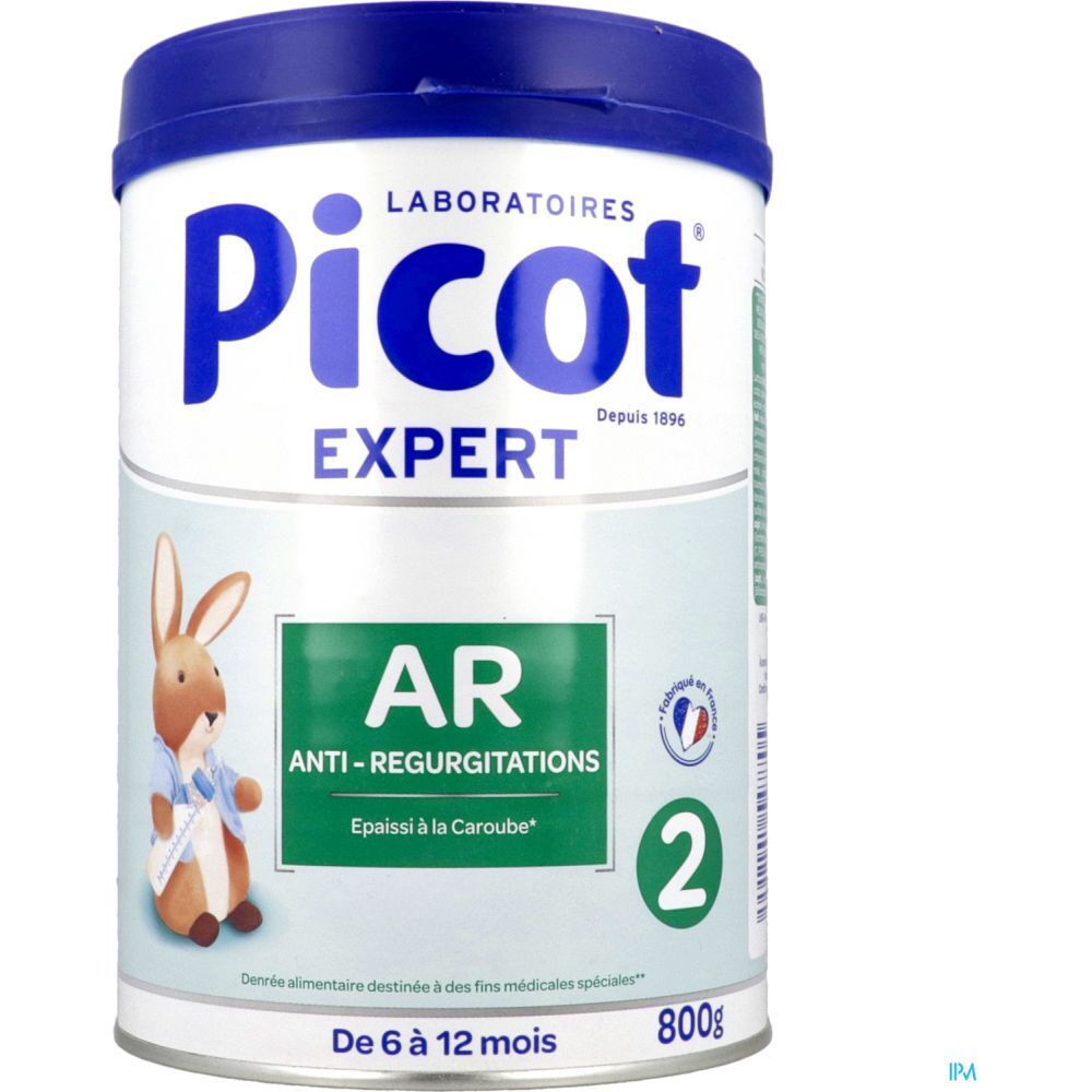 Boîte Picot Expert AR 2. Inscription: Anti-régurgitations, 800g, De 6 à 12 mois. Avec un dessin animé de lapin.