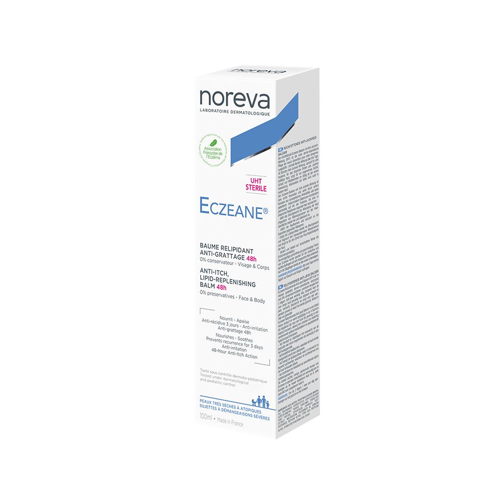 Emballage du produit. Marque Noreva, nom Eczeane®. Boîte blanche avec accents bleus et verts. UHT Sterile.
