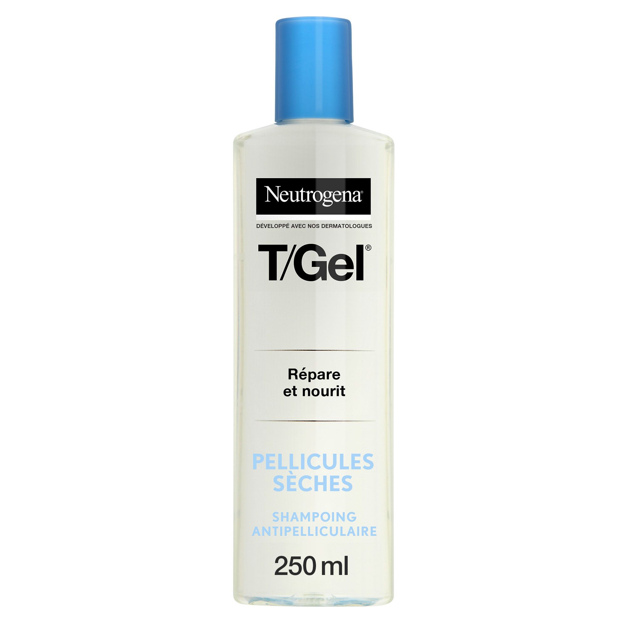 Flasche Shampoo. Text: T/Gel, Anti-Schuppen-Shampoo für trockenes Haar. Blaue Kappe.