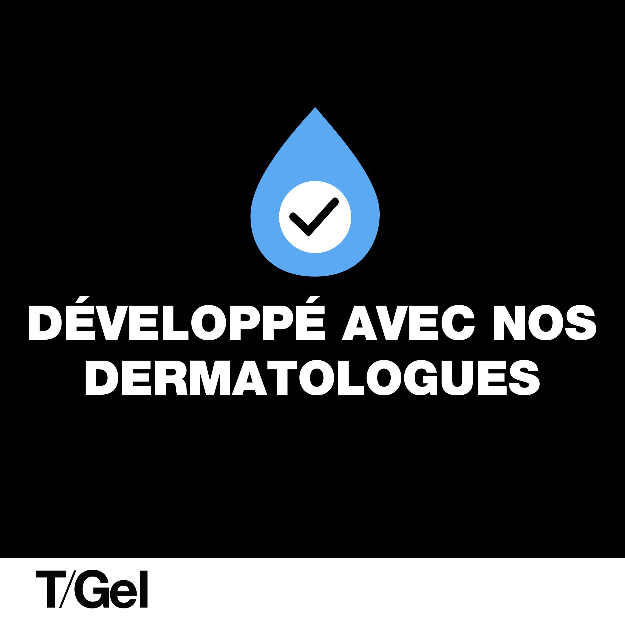 Text: Entwickelt mit unseren Dermatologen. Tropfensymbol mit Häkchen. T/Gel.