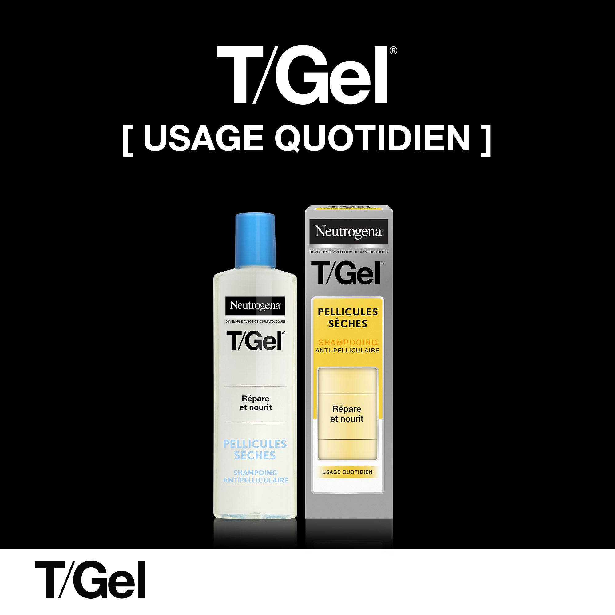 Flasche und Schachtel Shampoo. Text: T/Gel, tägliche Anwendung. Anti-Schuppen-Shampoo.