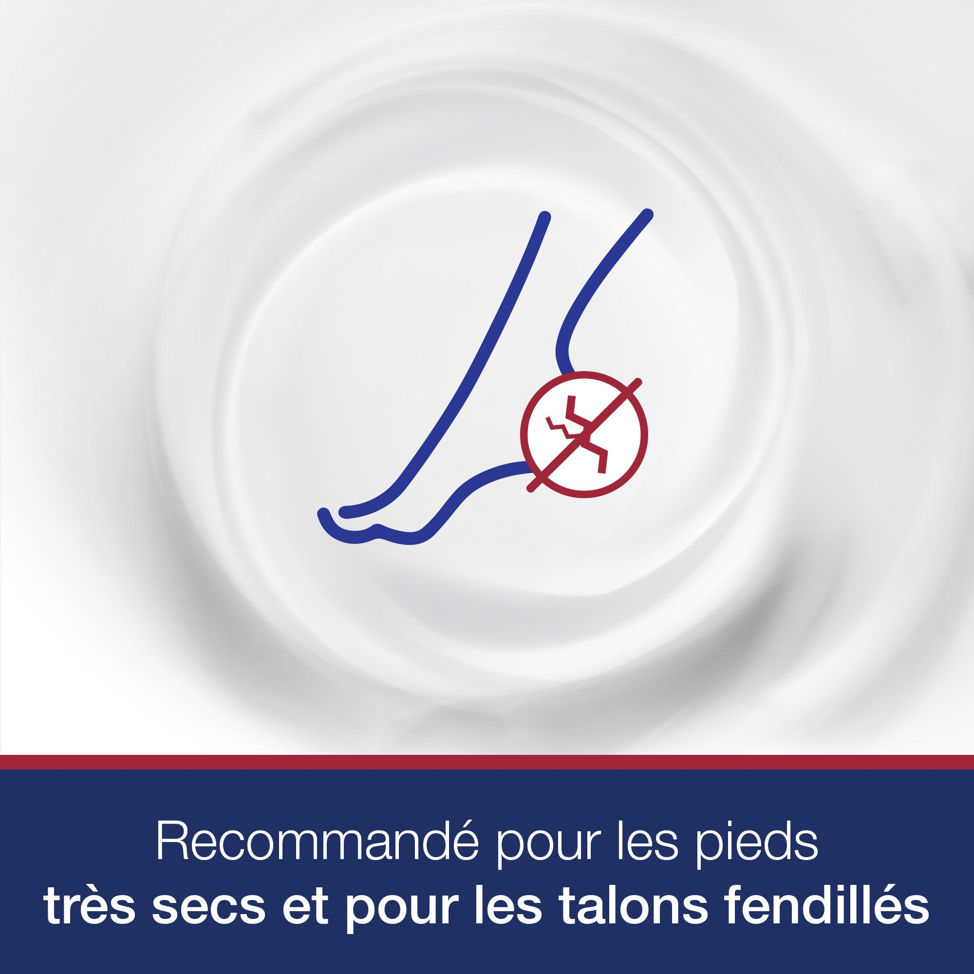 Symbole: pied avec fissure barrée. Texte: Recommandé pour pieds très secs et talons fendillés.