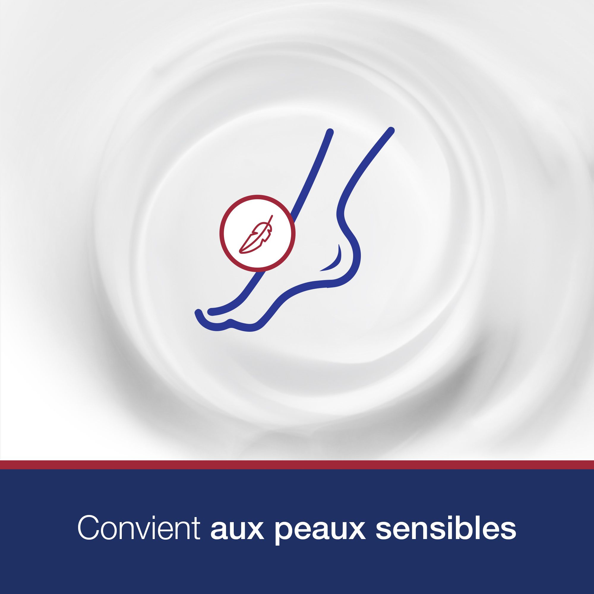 Symbole: pied avec plume. Texte: Convient aux peaux sensibles.