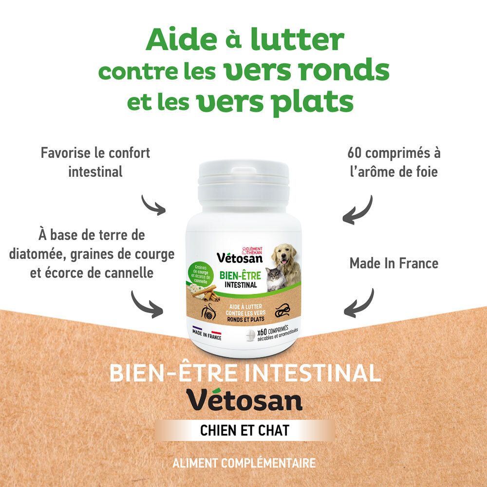Flacon blanc. Texte: Bien-Être Intestinal Vétosan. 60 comprimés. Chien et chat. Fabriqué en France.