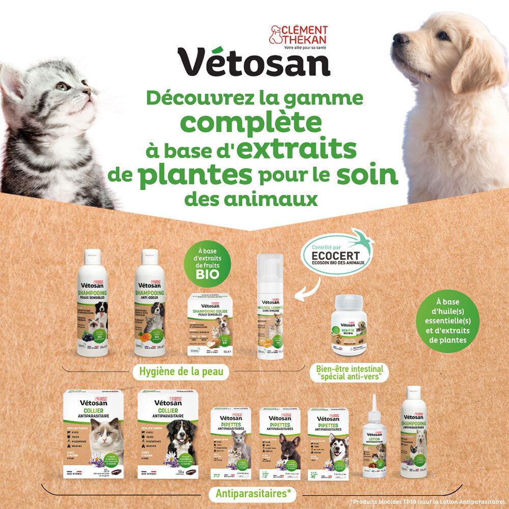 Divers produits Vétosan. Texte: Découvrez la gamme complète à base d'extraits de plantes pour le soin des animaux.
