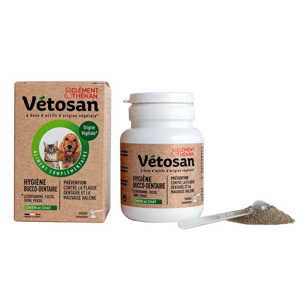 Boîte et flacon de produit. Flacon avec poudre et cuillère doseuse. Texte : Vétosan, hygiène bucco-dentaire.