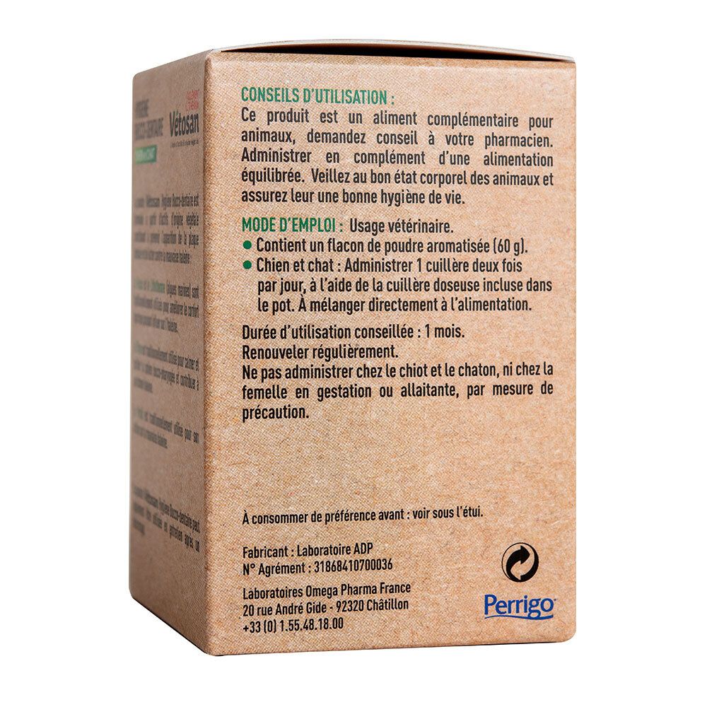 Texte sur l'emballage du produit. Conseils d'utilisation et informations fabricant. Texte : Vétosan.