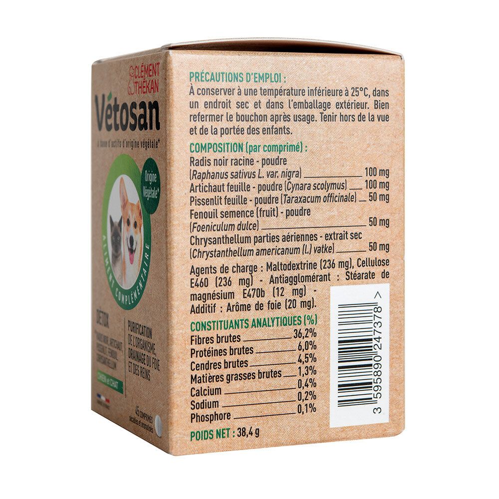 Dos de la boîte en carton. Liste des ingrédients, informations nutritionnelles et précautions. Texte en français.
