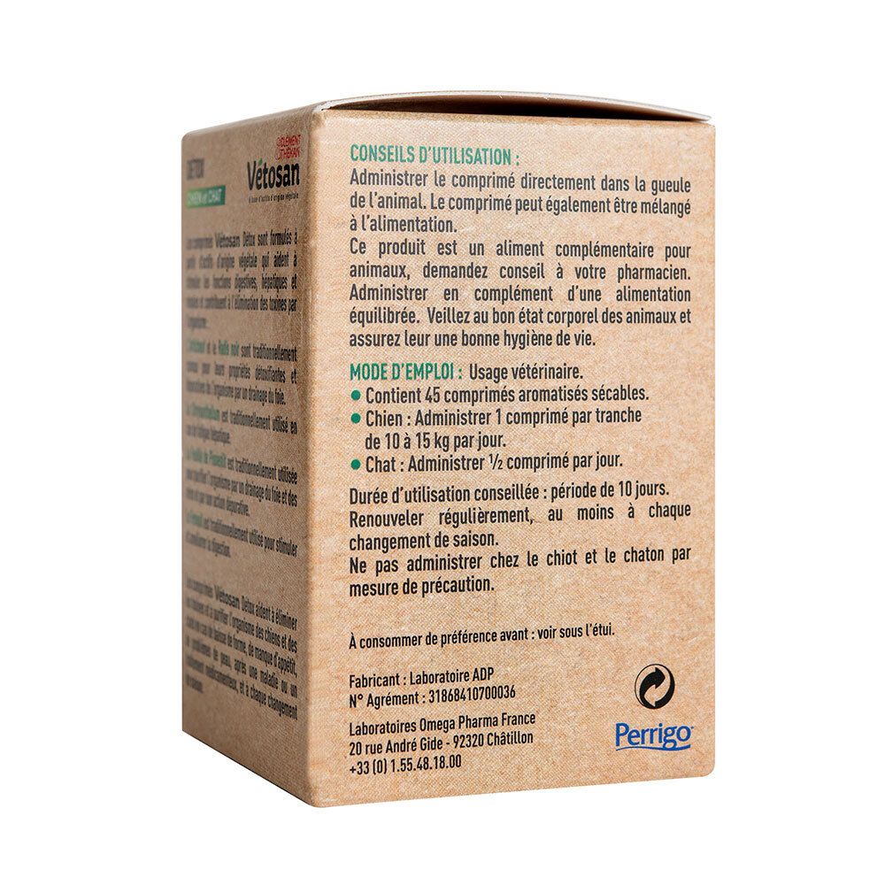 Côté de la boîte en carton. Conseils d'utilisation et informations fabricant. Texte en français.