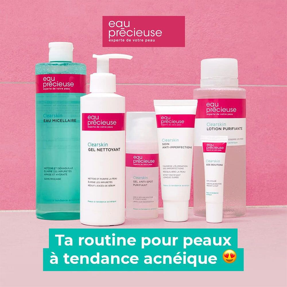 Verschiedene Eau Précieuse Clearskin Produkte: Reinigungsgel, Lotion, Serum, Creme. Text: Ta routine pour peaux à tendance acnéique.