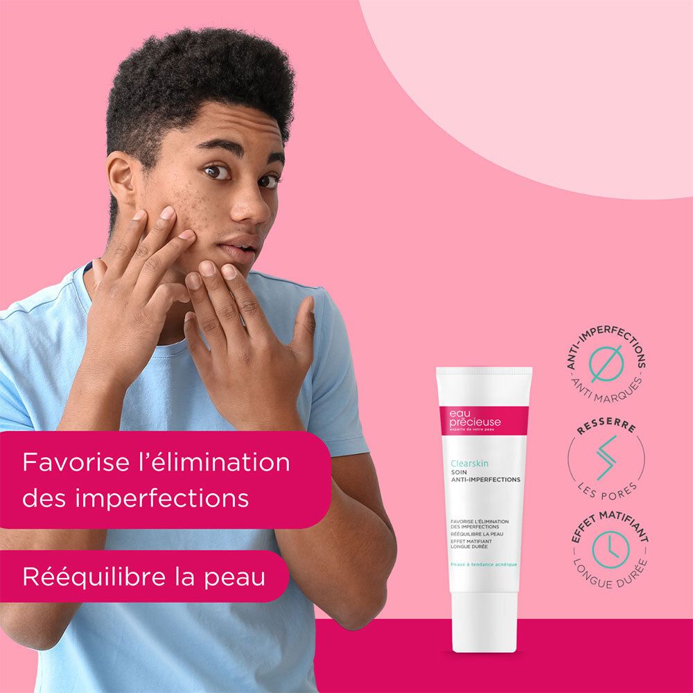 Homme avec boutons sur le visage. Tube Eau Précieuse Clearskin Anti-Imperfections. Fond rose.