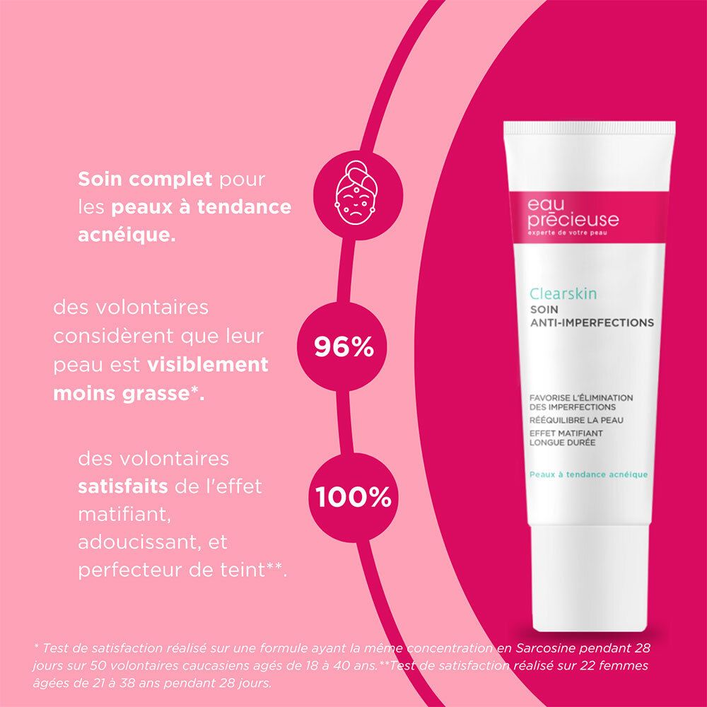 Tube de produit sur fond rose. Texte : 96% moins de gras, 100% satisfaits.