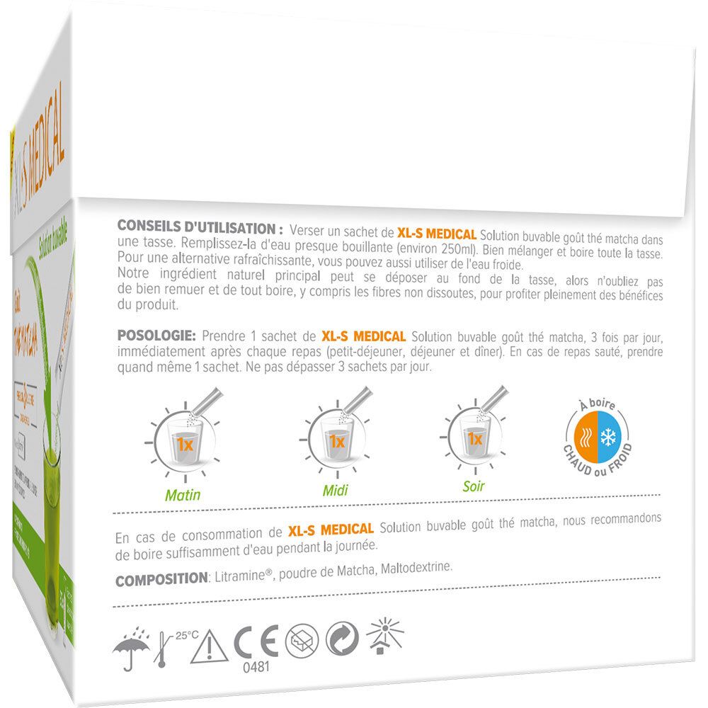 Dos de l'emballage XLS Medical Thé Matcha. Instructions et posologie. Symboles de température.