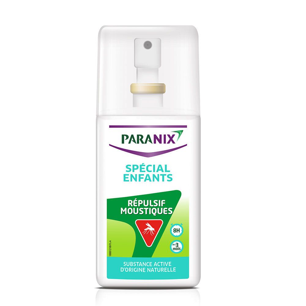 Flacon spray blanc avec bouchon transparent. Inscriptions: Paranix, Spécial Enfants, Répulsif Moustiques. Logo moustique.