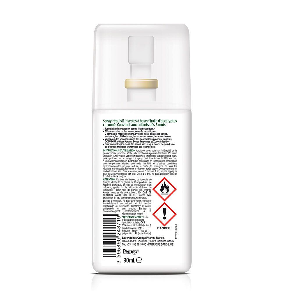 Dos du flacon spray. Texte: Spray répulsif insectes, à base d'huile d'eucalyptus citronné. Pictogrammes de danger.
