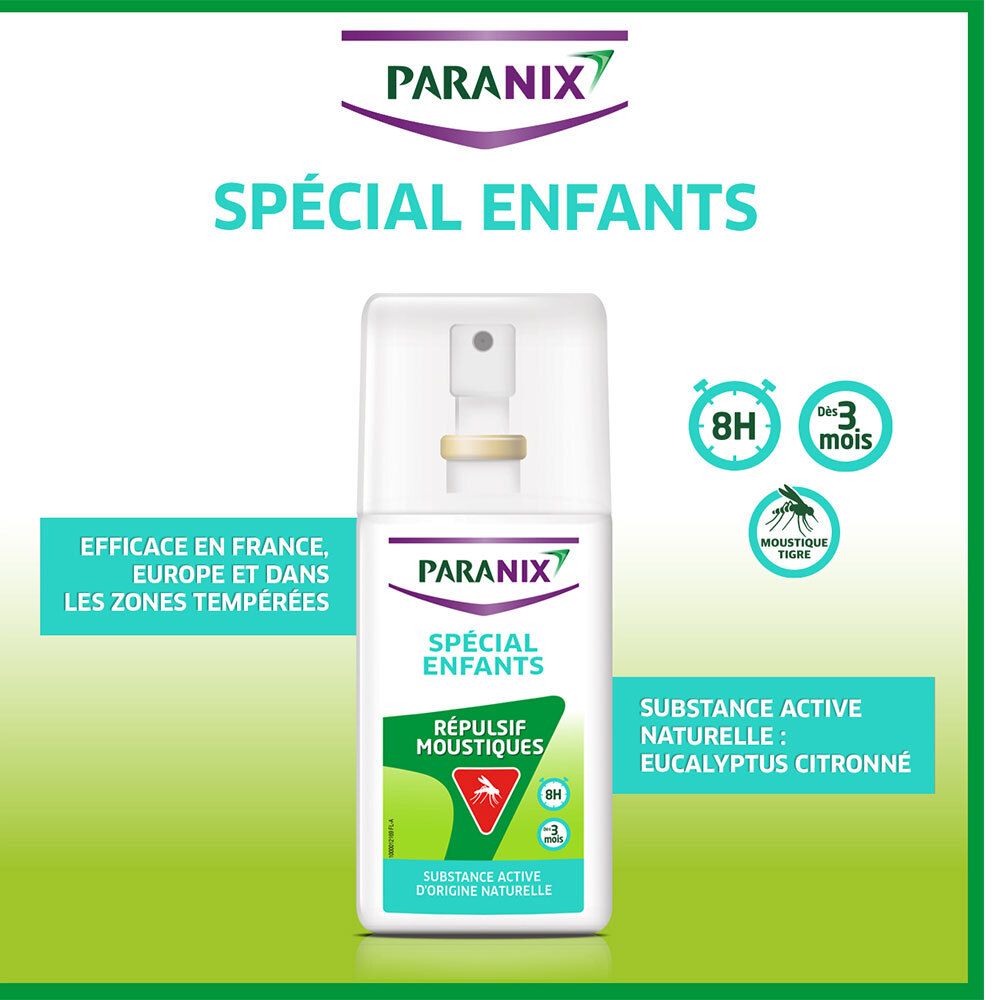 Produit sur fond vert. Inscriptions: Paranix, Spécial Enfants, Répulsif Moustiques. Logos: 8H, 3 mois, Moustique Tigre.