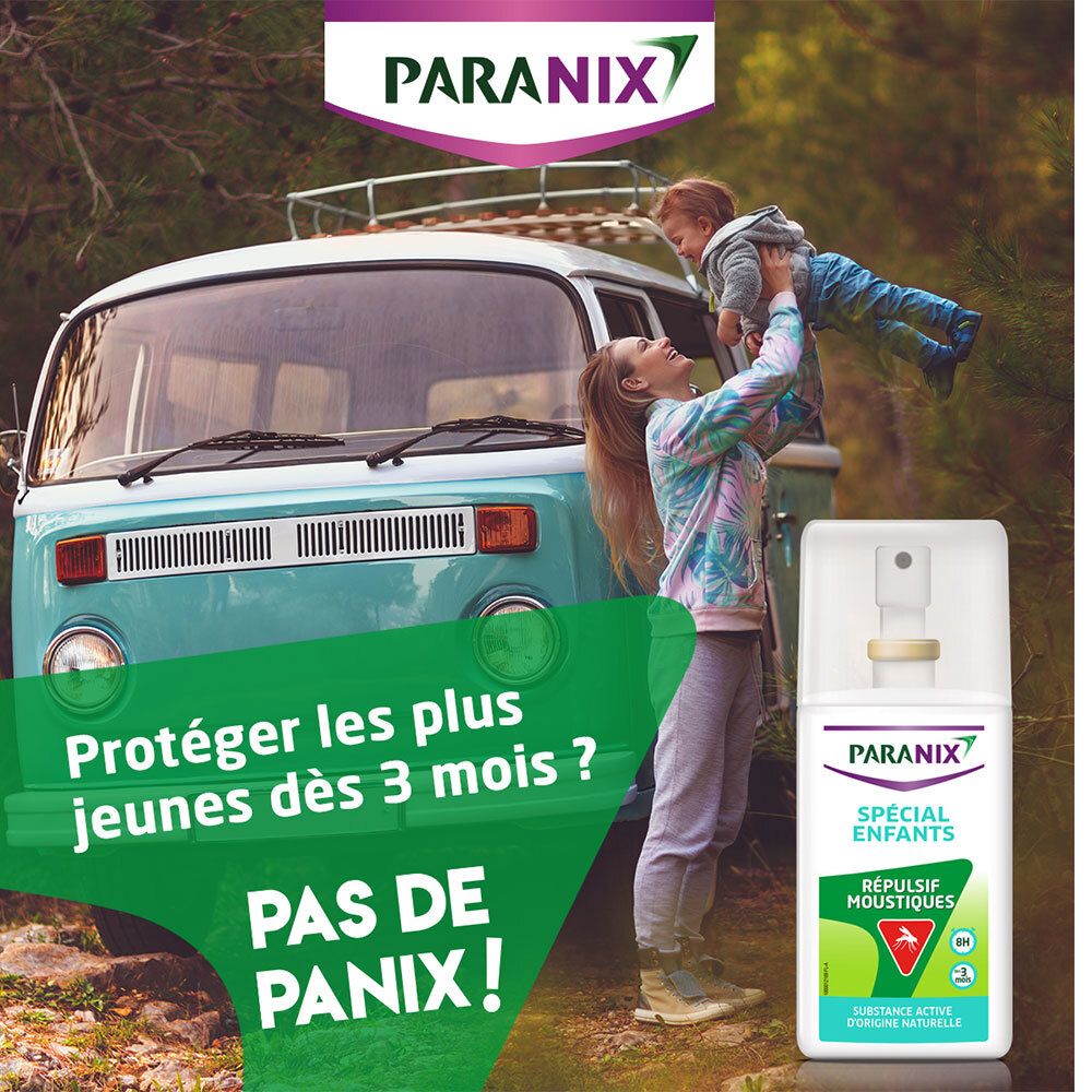 Publicité. Femme et enfant devant un bus. Produit: Paranix, Spécial Enfants. Texte: Protéger les plus jeunes dès 3 mois?