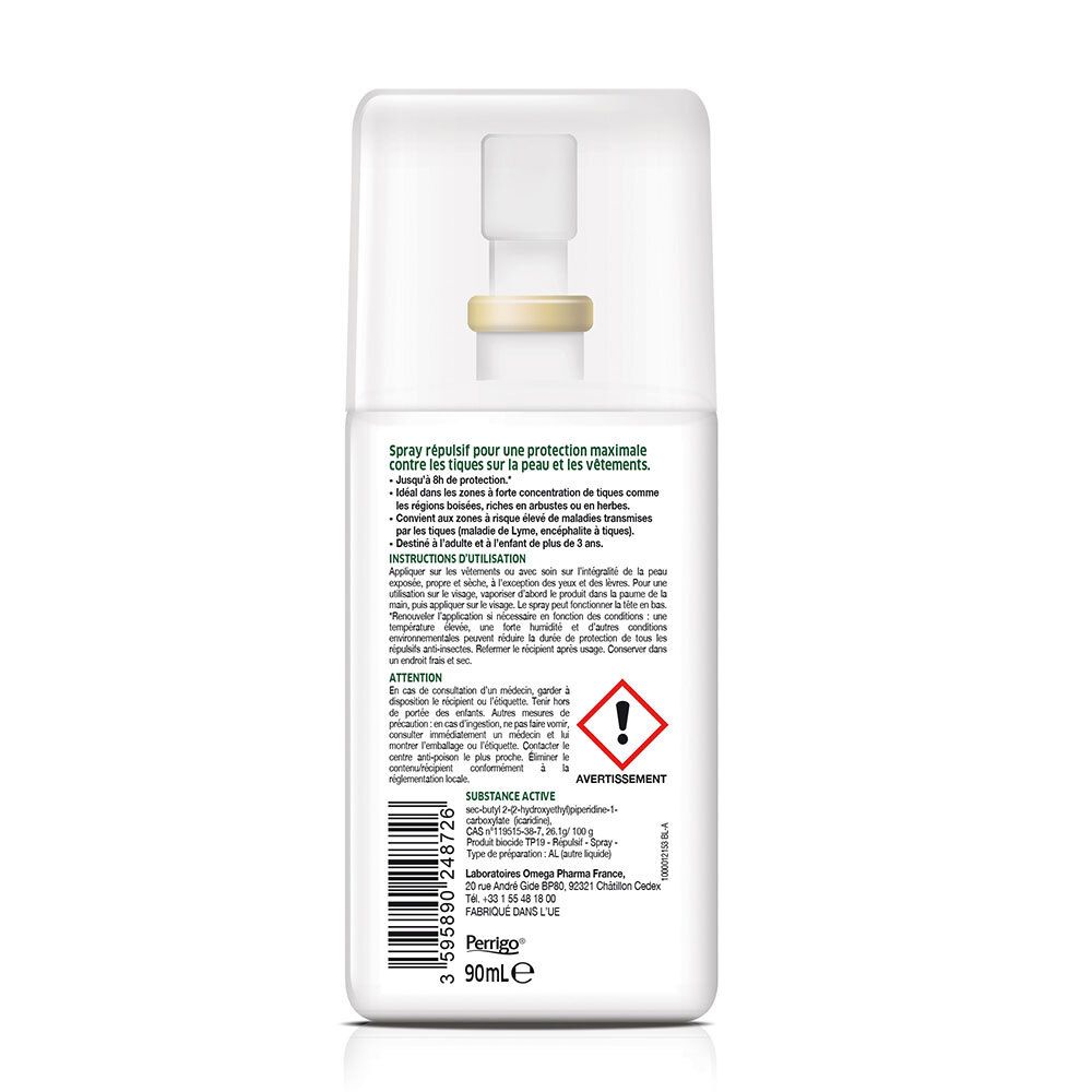 Dos d'un flacon spray blanc. Texte : Spray répulsif pour une protection maximale contre les tiques sur la peau et les vêtements. Avertissement.