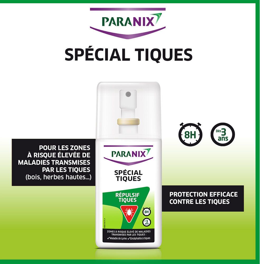 Flacon spray blanc avec étiquettes vertes et violettes. Texte : Paranix, Spécial Tiques, Répulsif Tiques. Symboles 8 heures et 3 ans.