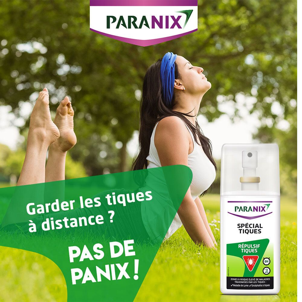 Femme allongée dans l'herbe, à côté d'un flacon spray blanc. Texte : Paranix, Spécial Tiques, Répulsif Tiques. Inscription : Garder les tiques à distance ? Pas de Paranix!