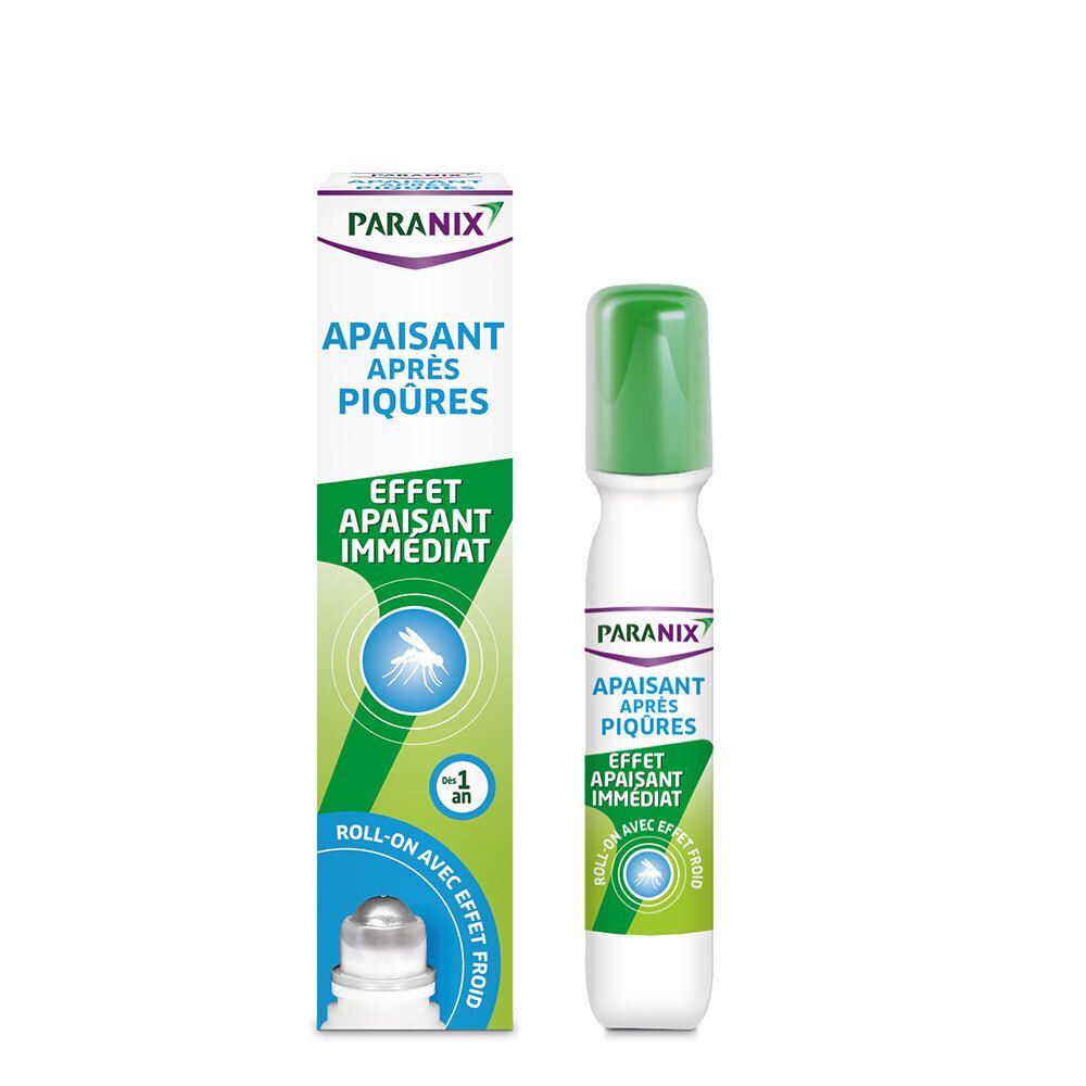 Roll-on et emballage. Inscription: Paranix, Apaisant Après Piqûres. Avec effet froid.