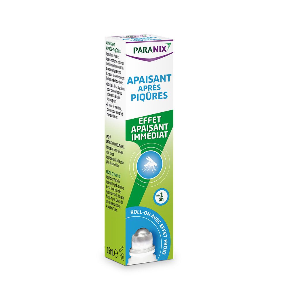 Emballage. Inscription: Paranix, Apaisant Après Piqûres. Avec effet froid. Applicateur roll-on.