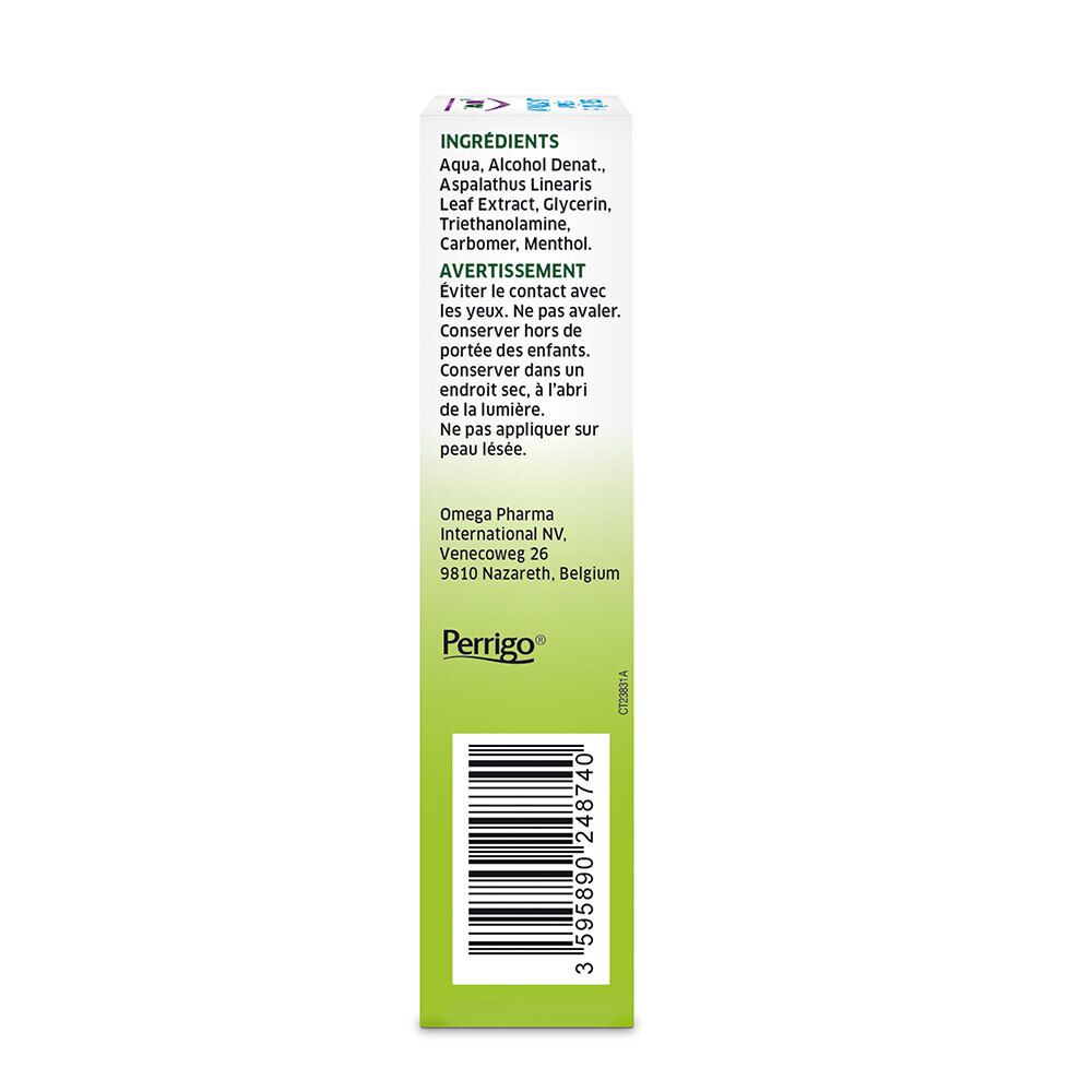 Emballage. Liste des ingrédients, avertissements et informations fabricant. Logo Perrigo.